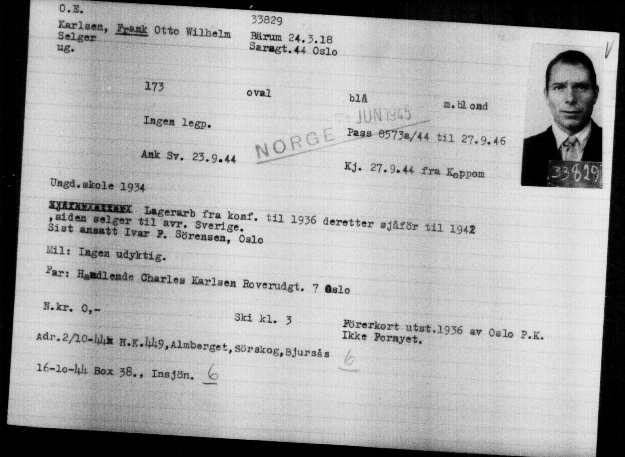 Utenriksstasjonene, Legasjonen i Stockholm, Flyktningkontoret, AV/RA-S-6753/V/Va/L0013: Kjesäterkartoteket, flyktninger med registreringsnr. 31500-34731, 1940-1945, p. 2460