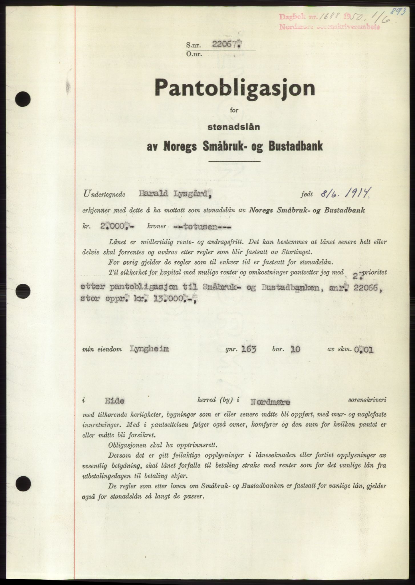 Nordmøre sorenskriveri, AV/SAT-A-4132/1/2/2Ca: Mortgage book no. B104, 1950-1950, Diary no: : 1688/1950