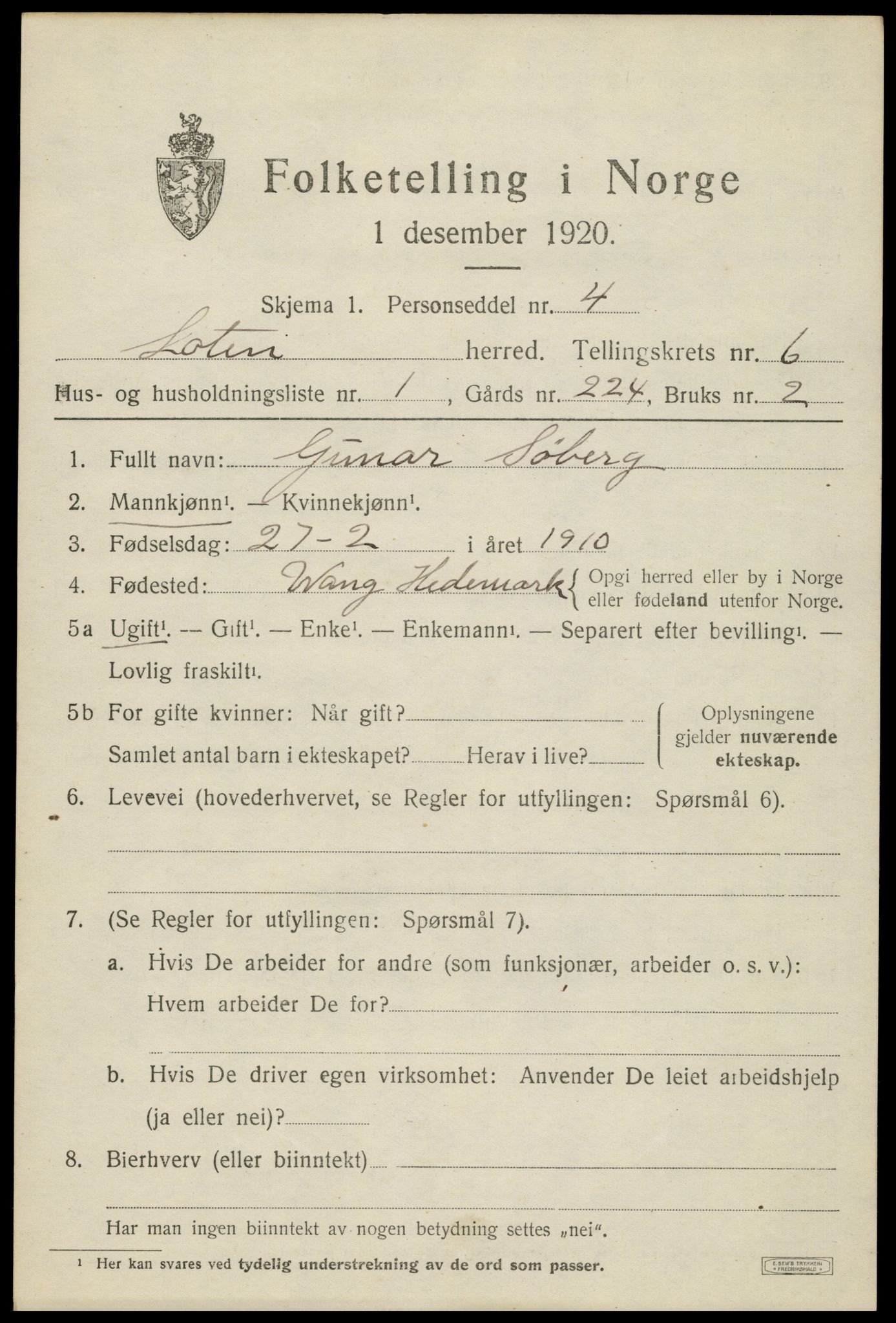 SAH, 1920 census for Løten, 1920, p. 11867