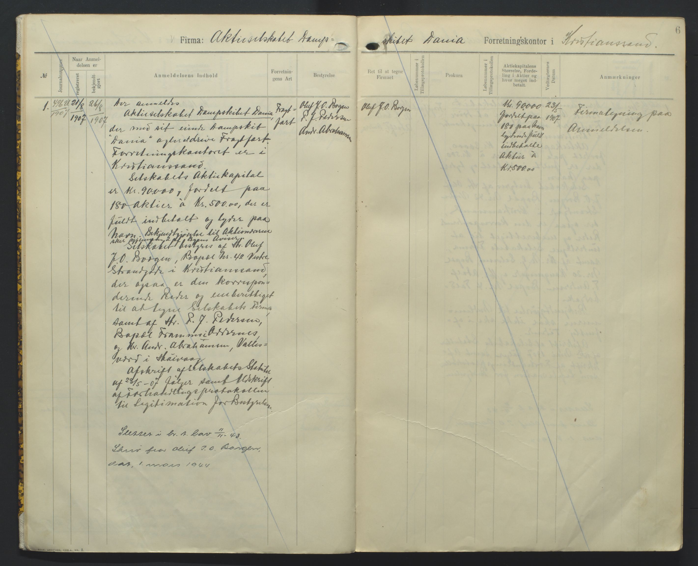 Kristiansand byrett, AV/SAK-1223-0001/K/Kb/L0010: Handelsregister B III, 1907-1915, p. 6