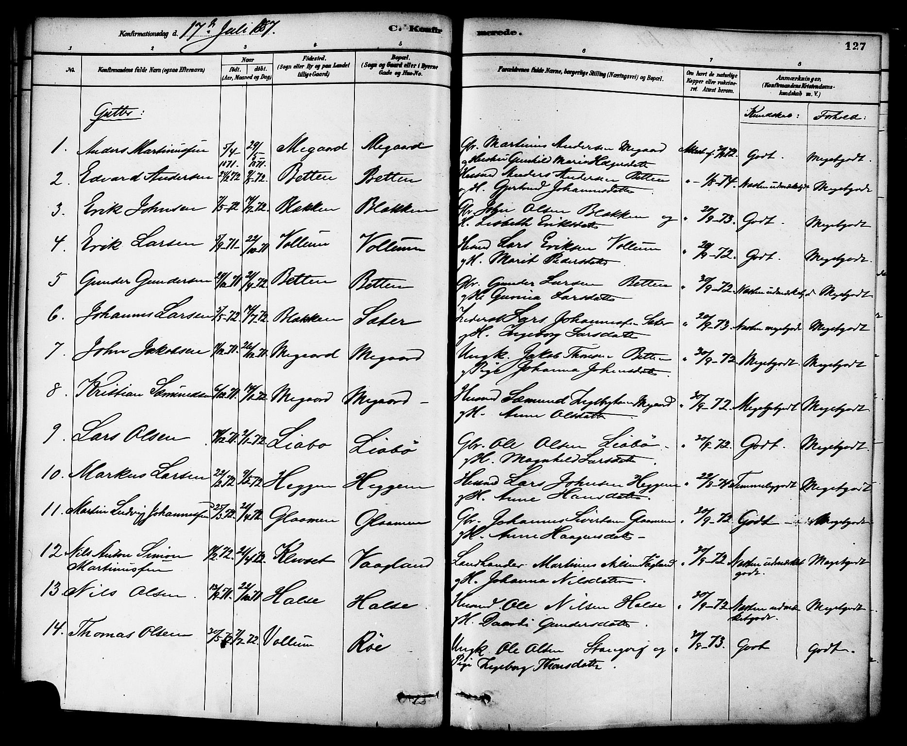 Ministerialprotokoller, klokkerbøker og fødselsregistre - Møre og Romsdal, SAT/A-1454/576/L0885: Parish register (official) no. 576A03, 1880-1898, p. 127