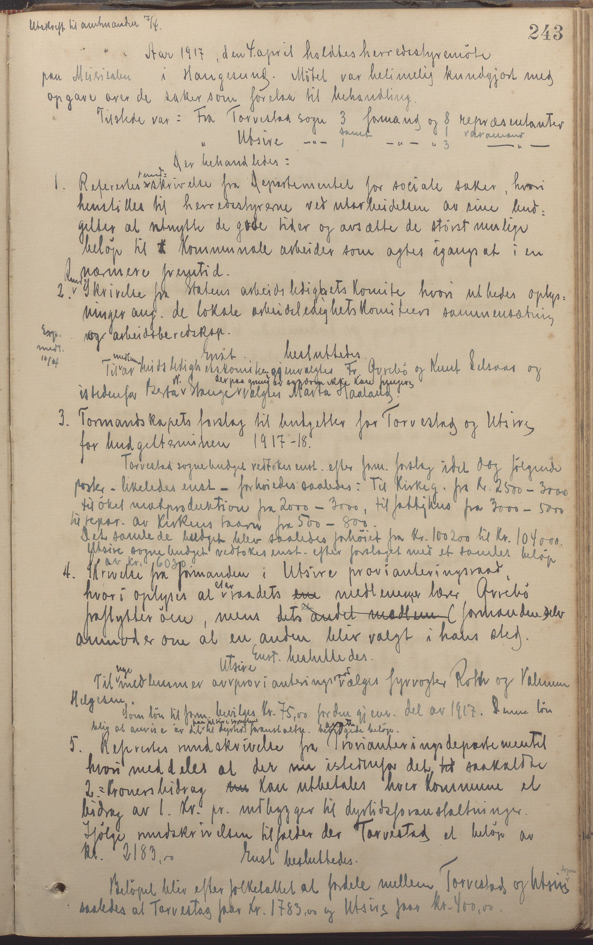 Torvastad kommune - Formannskapet, IKAR/K-101331/A/L0004: Forhandlingsprotokoll, 1891-1918, p. 243a