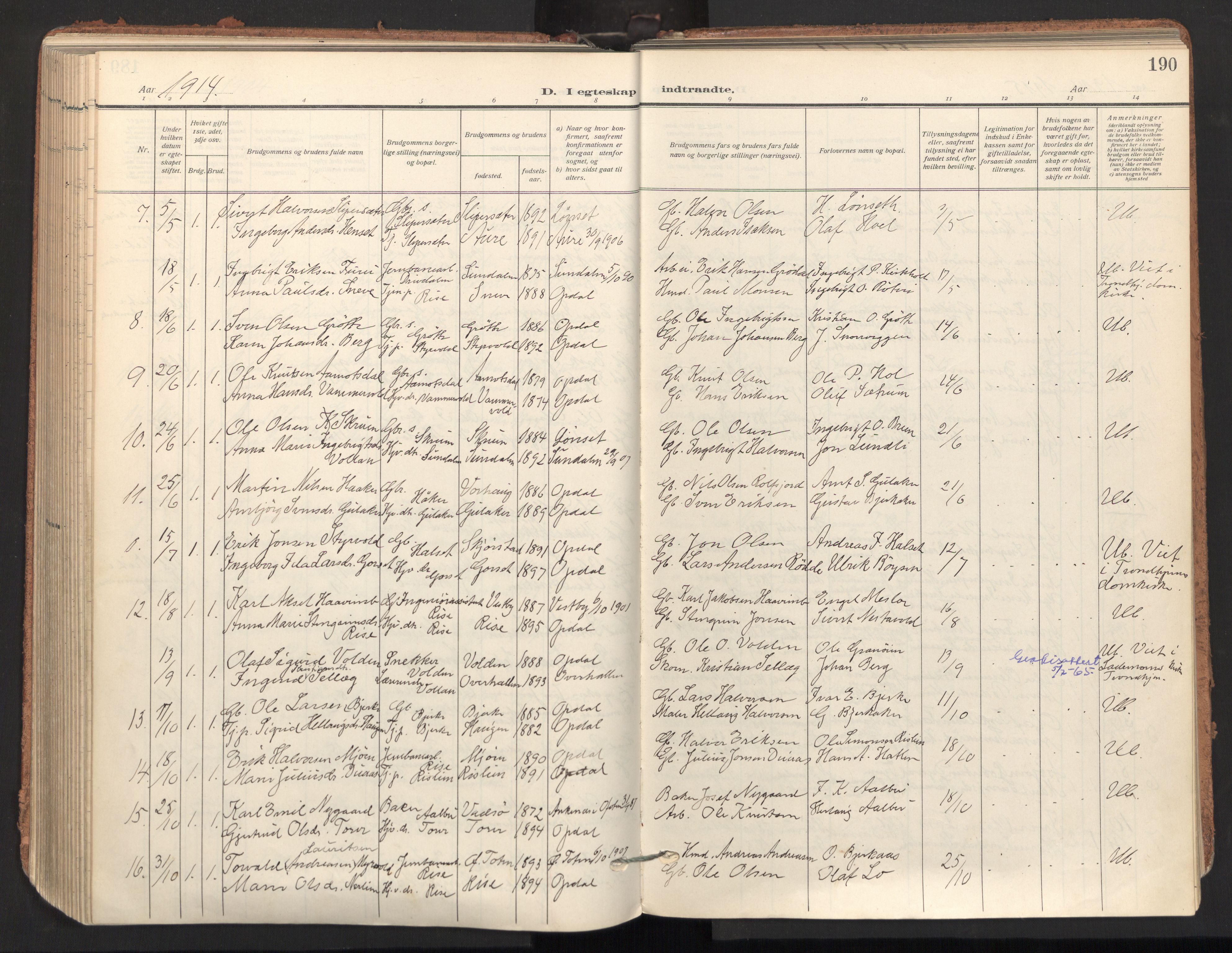 Ministerialprotokoller, klokkerbøker og fødselsregistre - Sør-Trøndelag, AV/SAT-A-1456/678/L0909: Parish register (official) no. 678A17, 1912-1930, p. 190