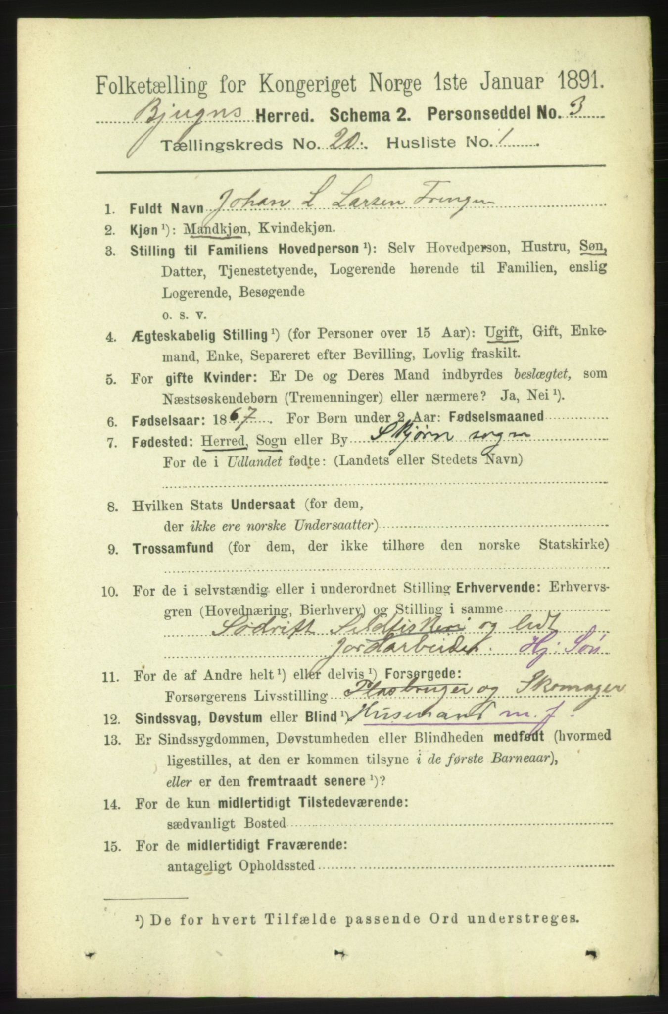 RA, 1891 census for 1627 Bjugn, 1891, p. 5406