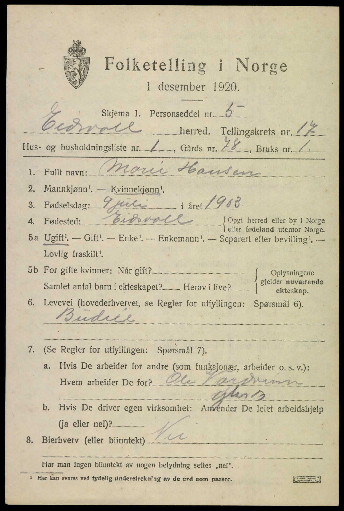 SAO, 1920 census for Eidsvoll, 1920, p. 23615