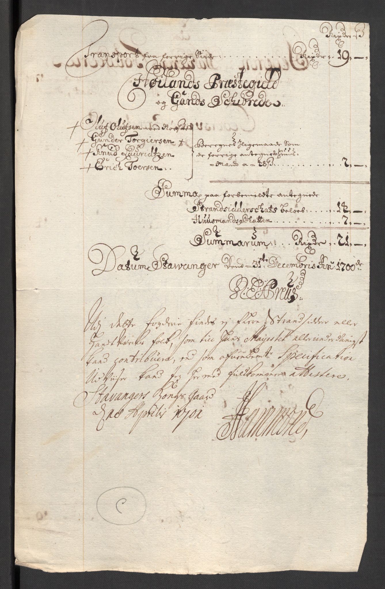 Rentekammeret inntil 1814, Reviderte regnskaper, Fogderegnskap, AV/RA-EA-4092/R46/L2731: Fogderegnskap Jæren og Dalane, 1700-1702, p. 26