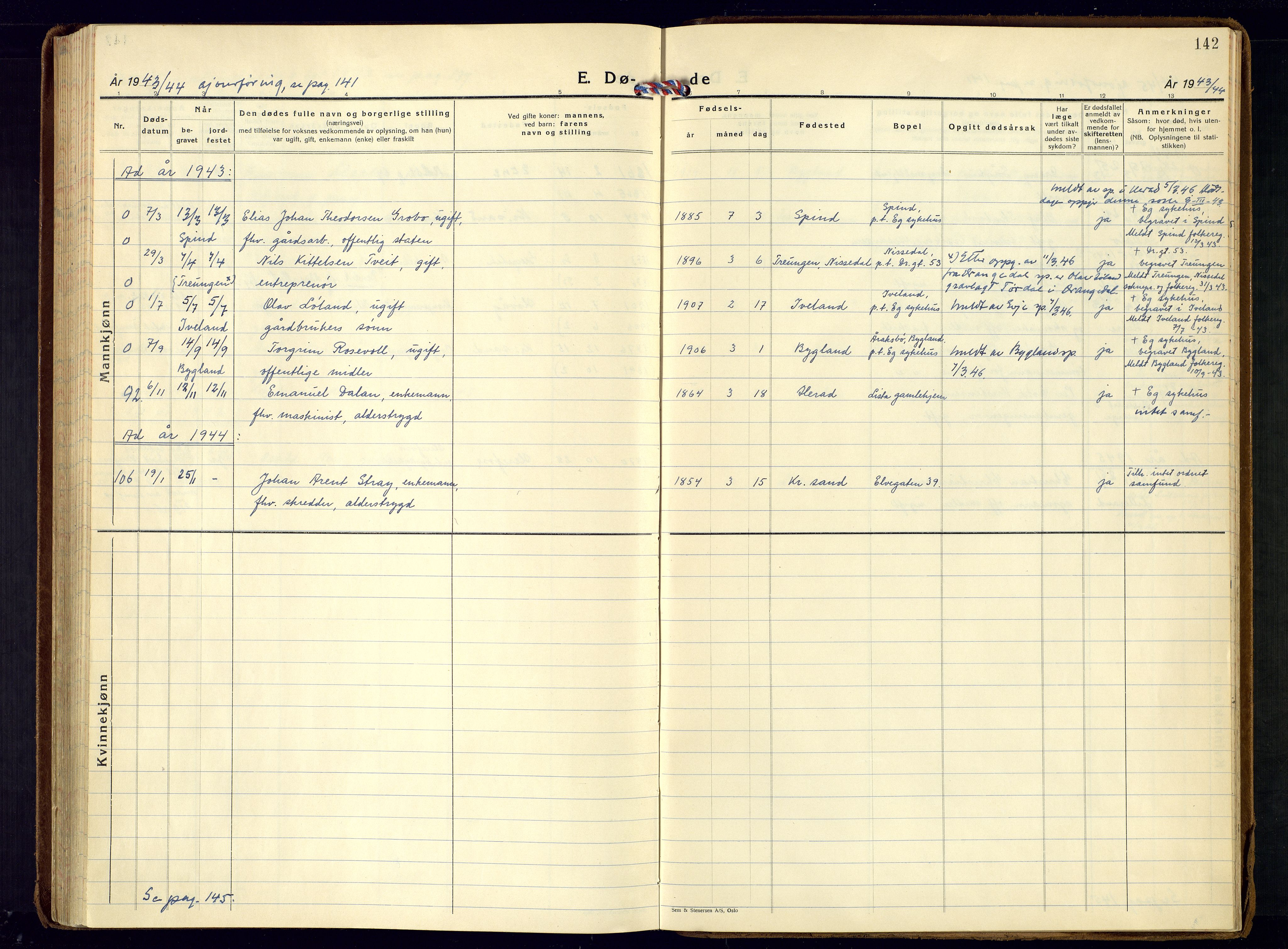 Kristiansand domprosti, AV/SAK-1112-0006/F/Fa/L0037: Parish register (official) no. A-36, 1937-1947, p. 142