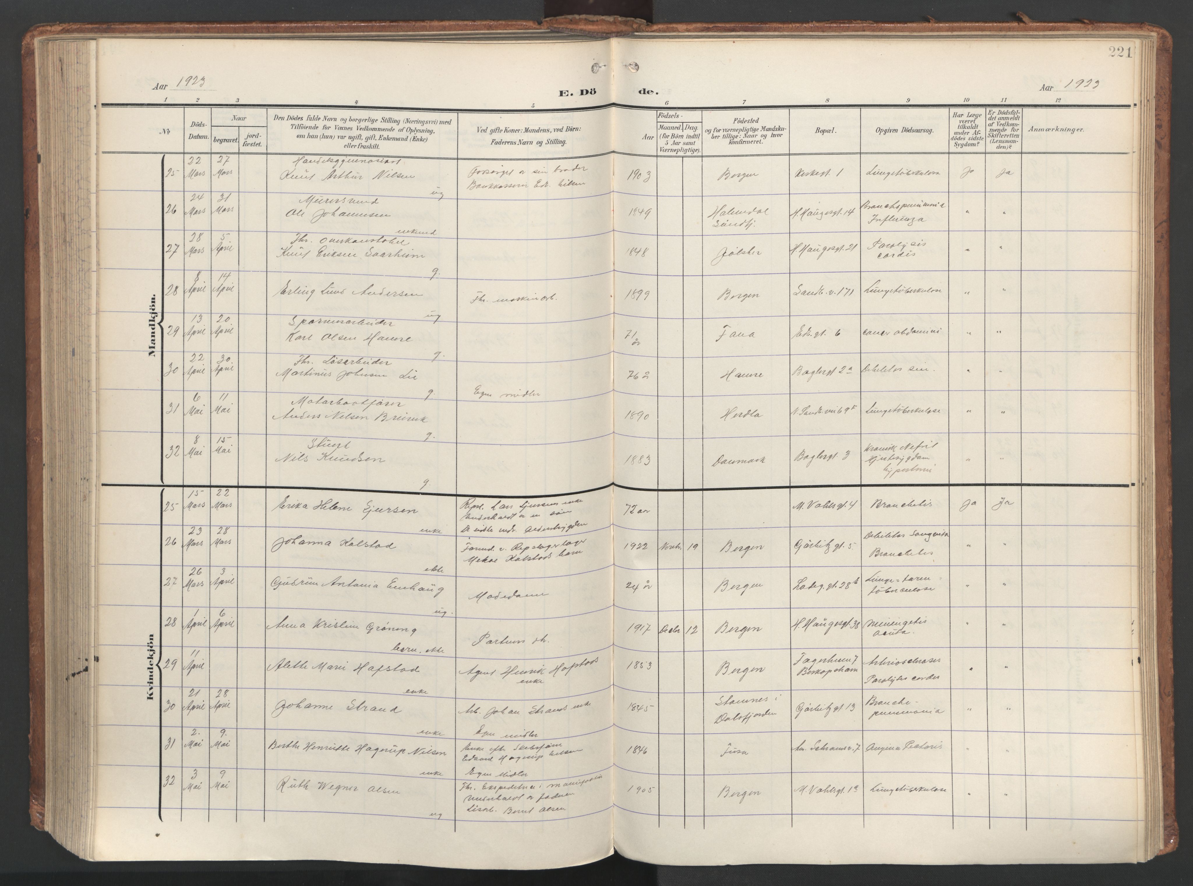 Sandviken Sokneprestembete, AV/SAB-A-77601/H/Ha/L0019: Parish register (official) no. E 2, 1905-1933, p. 221