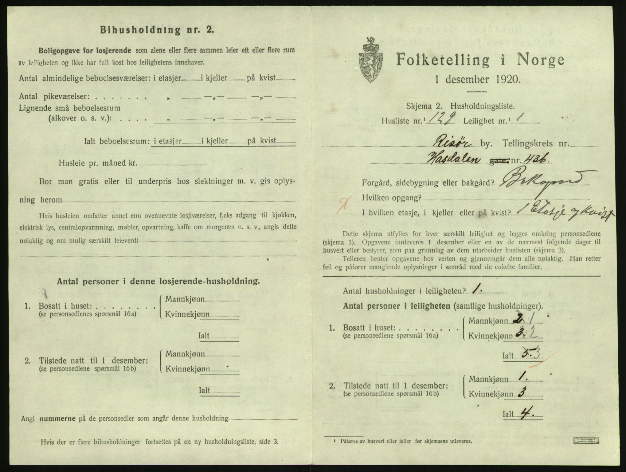 SAK, 1920 census for Risør, 1920, p. 2315