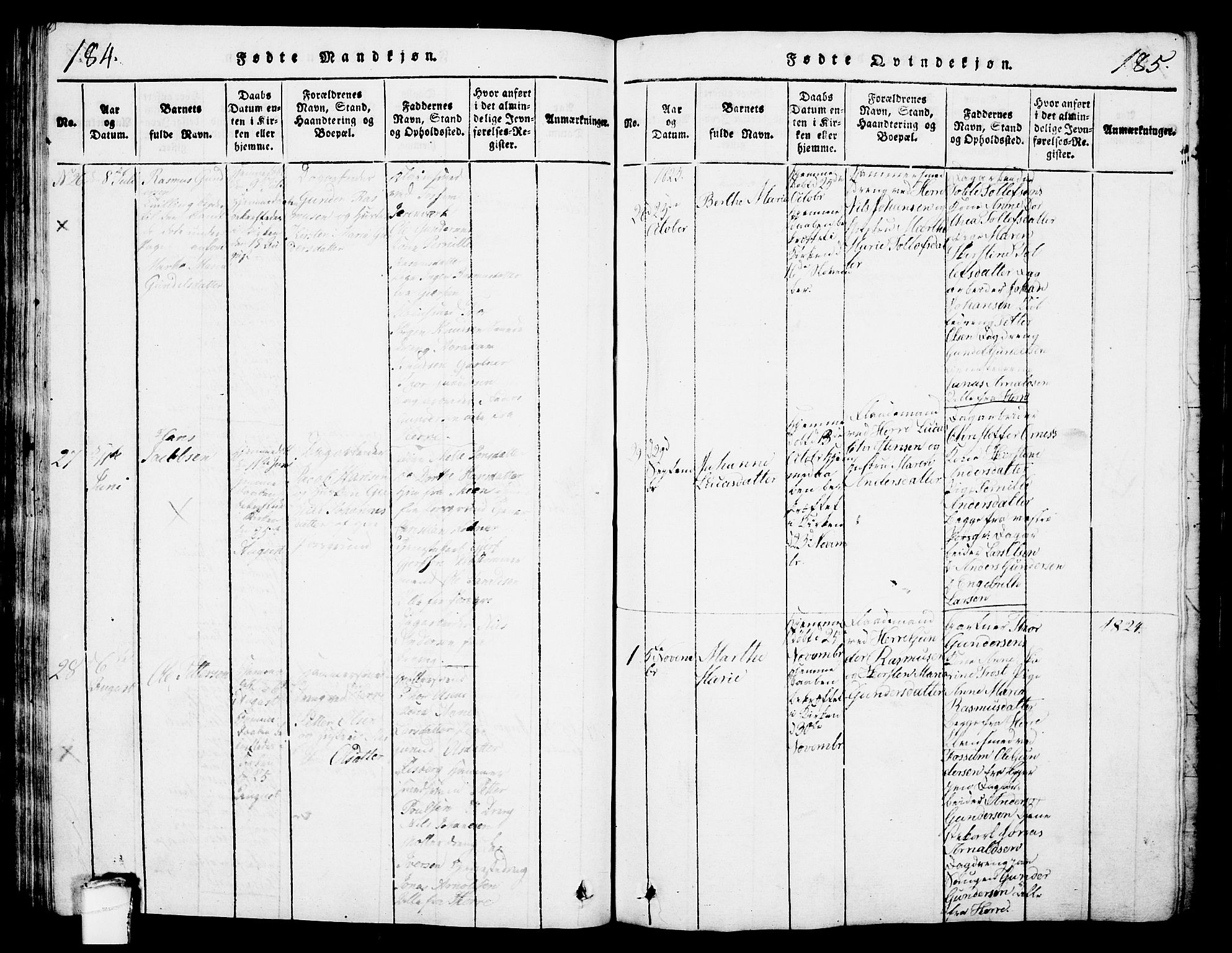 Porsgrunn kirkebøker , SAKO/A-104/G/Gb/L0001: Parish register (copy) no. II 1, 1817-1828, p. 184-185