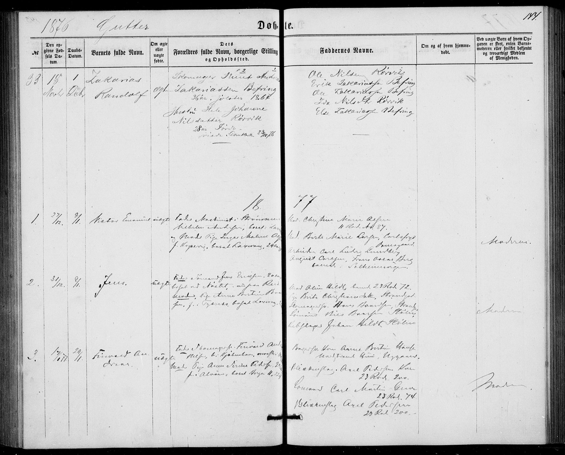 Fødselsstiftelsens sokneprestembete, ført av overlegen*, SAB/-: Parish register (official) no. A 1, 1863-1883, p. 144