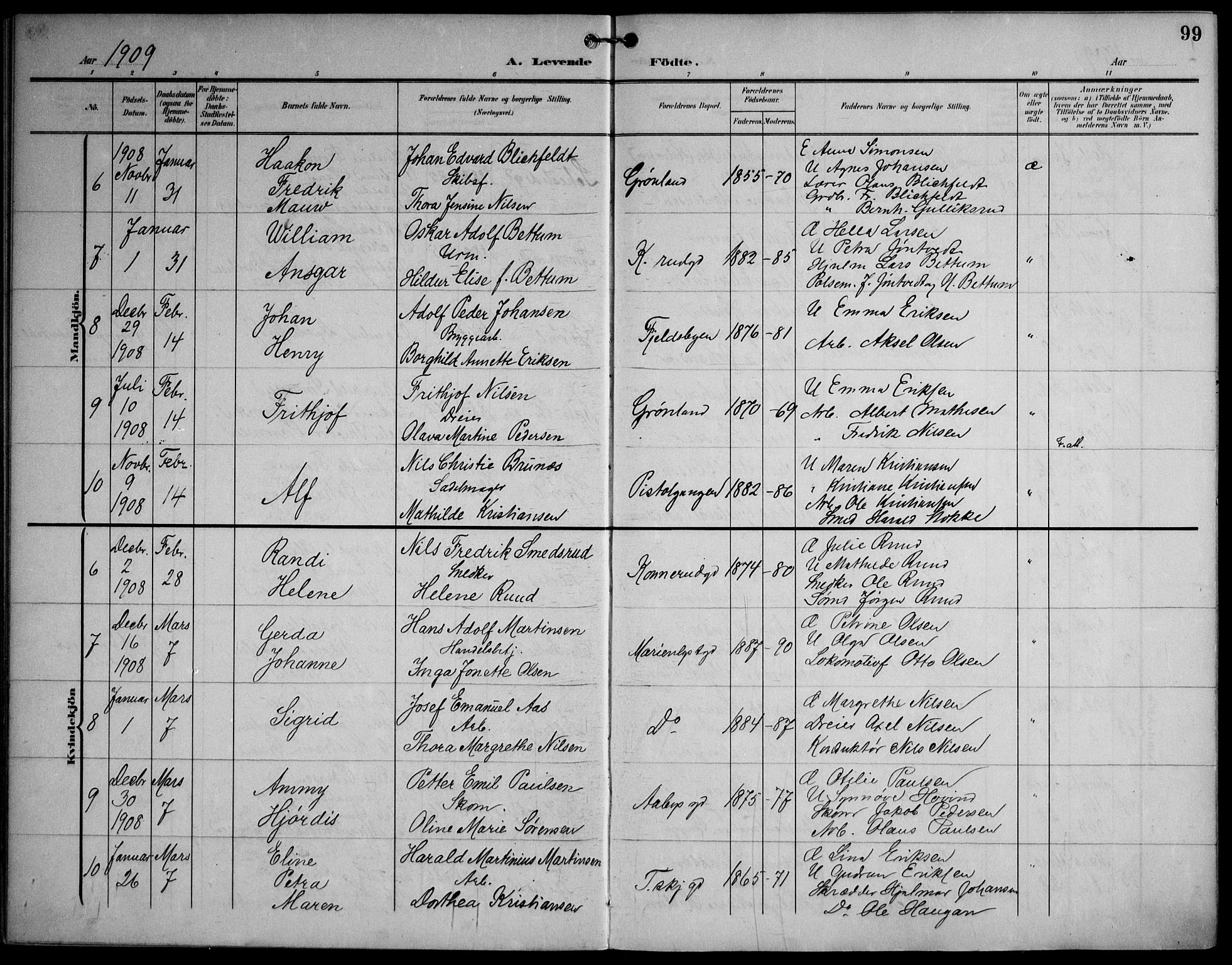 Strømsø kirkebøker, AV/SAKO-A-246/F/Fa/L0026: Parish register (official) no. I 26, 1905-1914, p. 99