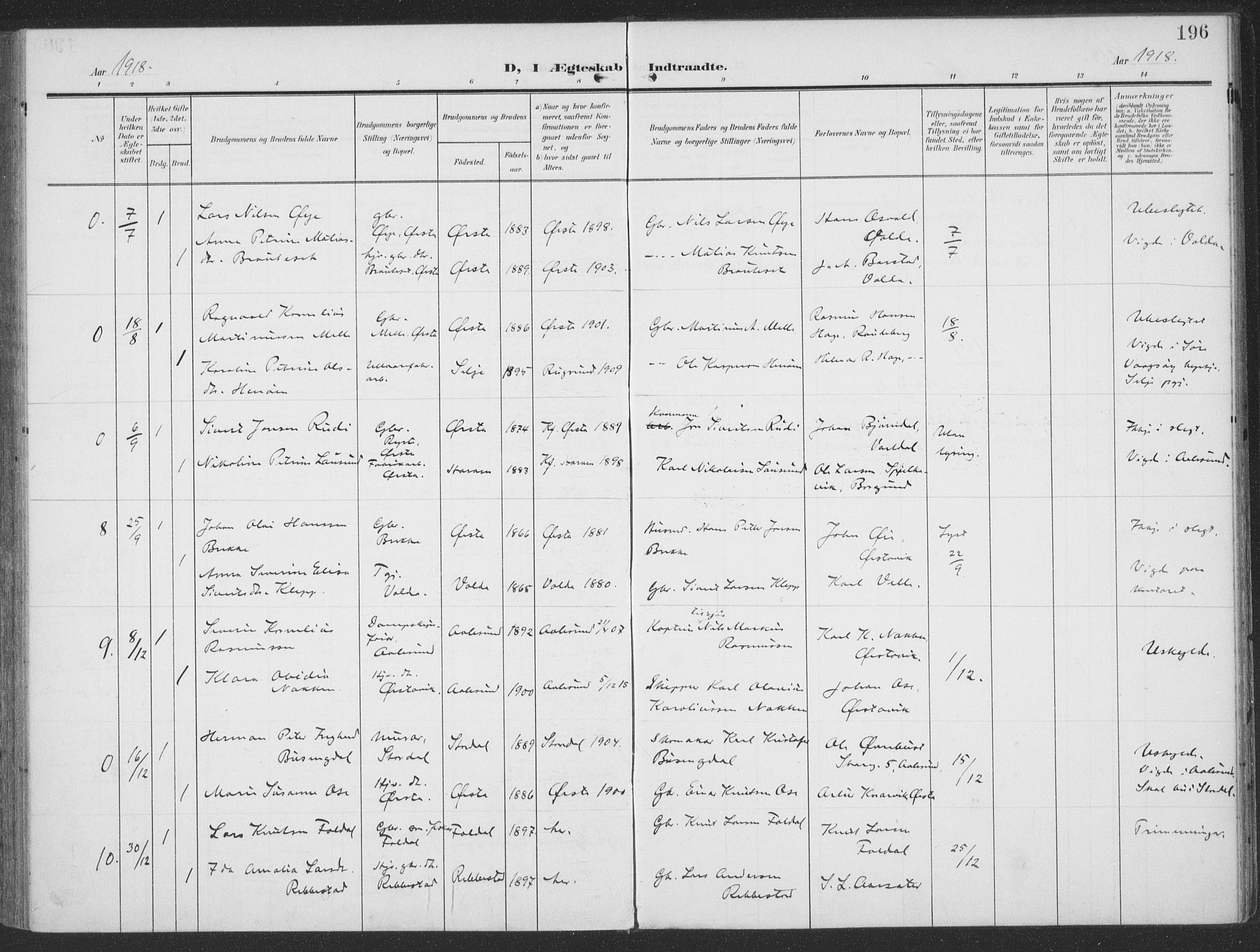Ministerialprotokoller, klokkerbøker og fødselsregistre - Møre og Romsdal, SAT/A-1454/513/L0178: Parish register (official) no. 513A05, 1906-1919, p. 196