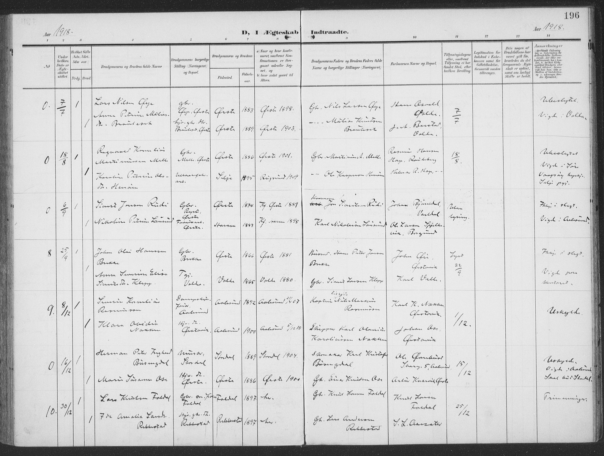 Ministerialprotokoller, klokkerbøker og fødselsregistre - Møre og Romsdal, AV/SAT-A-1454/513/L0178: Parish register (official) no. 513A05, 1906-1919, p. 196