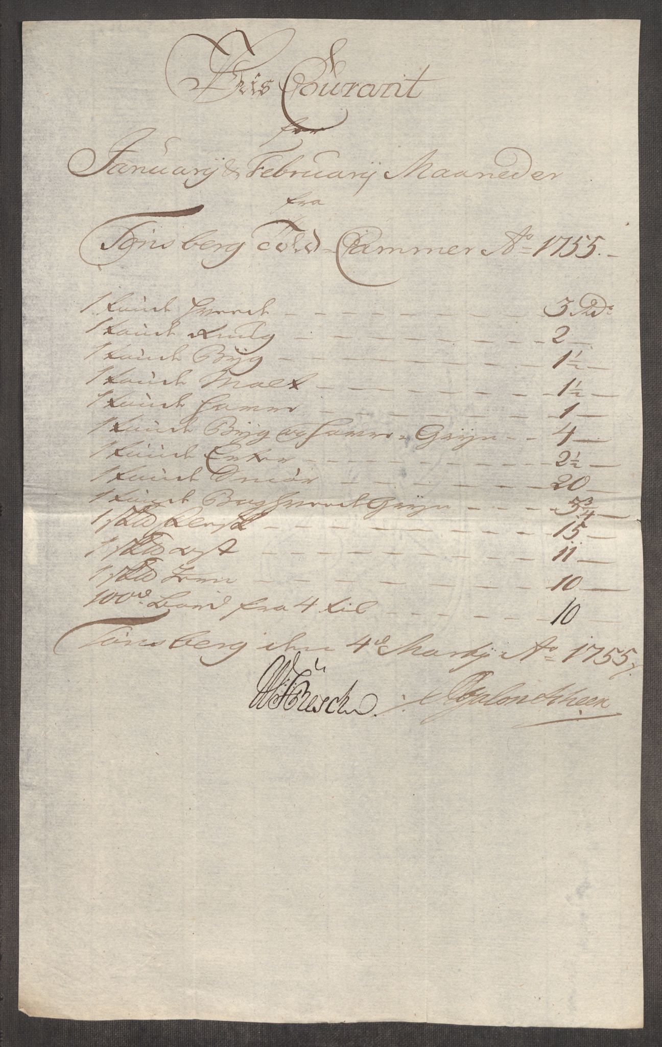 Rentekammeret inntil 1814, Realistisk ordnet avdeling, AV/RA-EA-4070/Oe/L0005: [Ø1]: Priskuranter, 1753-1757, p. 468