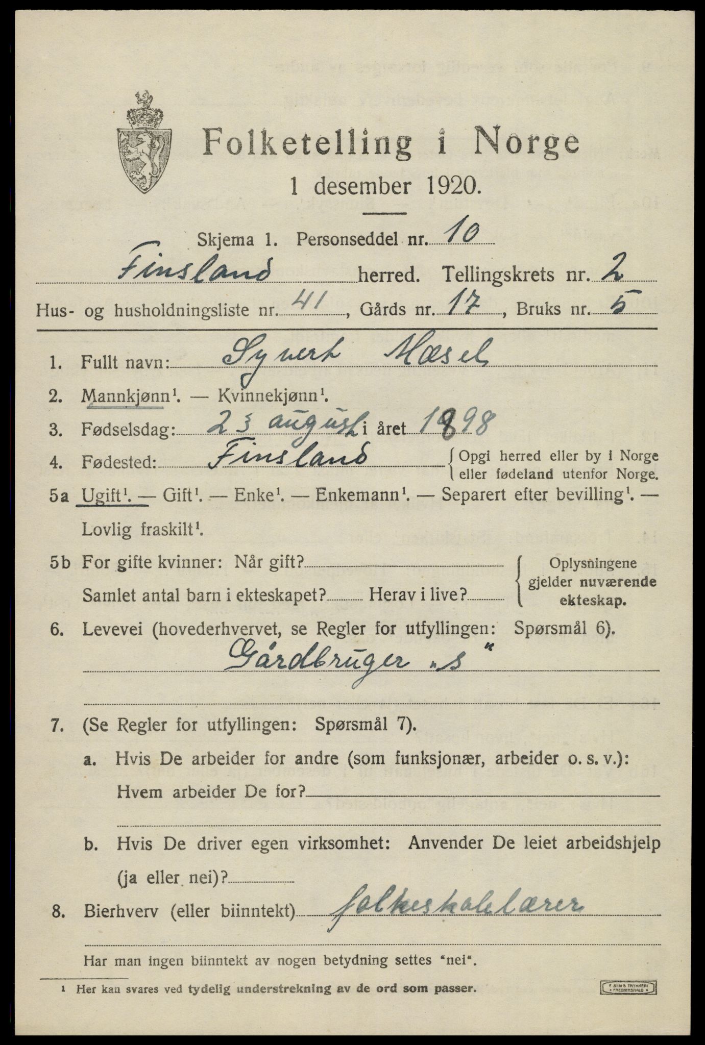 SAK, 1920 census for Finsland, 1920, p. 1168