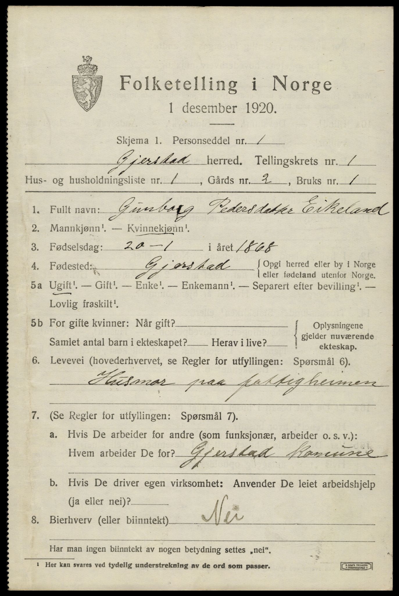 SAK, 1920 census for Gjerstad, 1920, p. 929