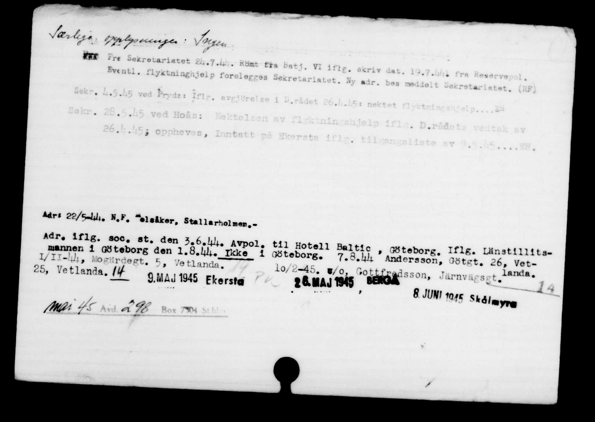 Utenriksstasjonene, Legasjonen i Stockholm, Flyktningkontoret, AV/RA-S-6753/V/Va/L0001: Kjesäterkartoteket, flyktninger med registreringsnr. 1-1000, 1940-1945, p. 1231