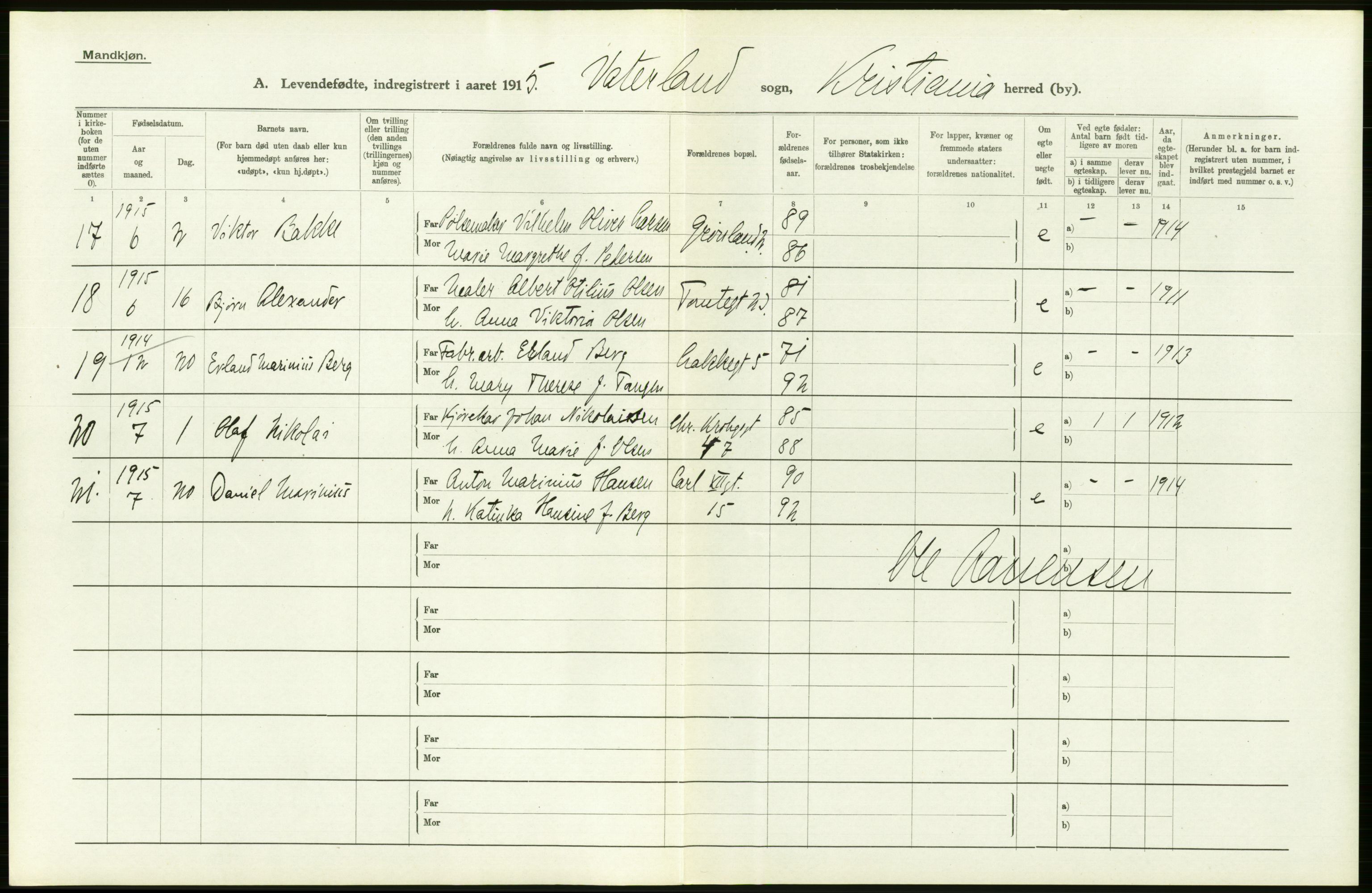 Statistisk sentralbyrå, Sosiodemografiske emner, Befolkning, RA/S-2228/D/Df/Dfb/Dfbe/L0006: Kristiania: Levendefødte menn og kvinner., 1915, p. 320