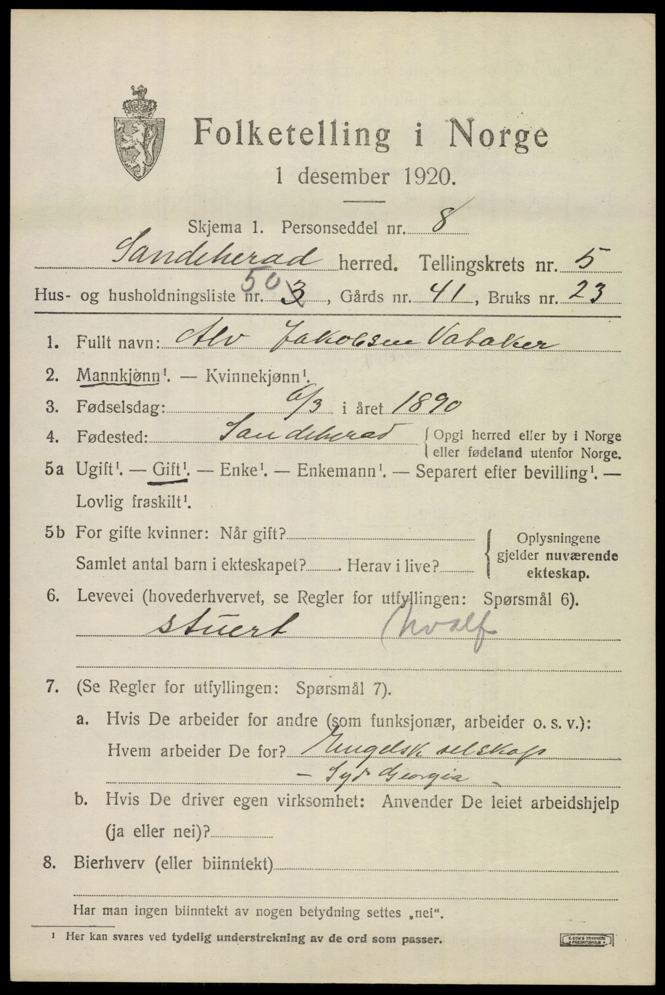 SAKO, 1920 census for Sandeherred, 1920, p. 8658
