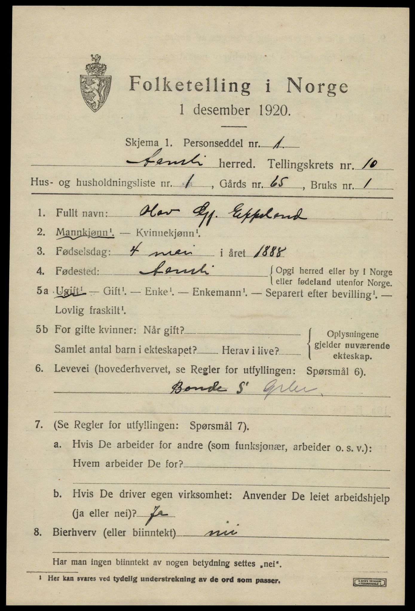 SAK, 1920 census for Åmli, 1920, p. 3717