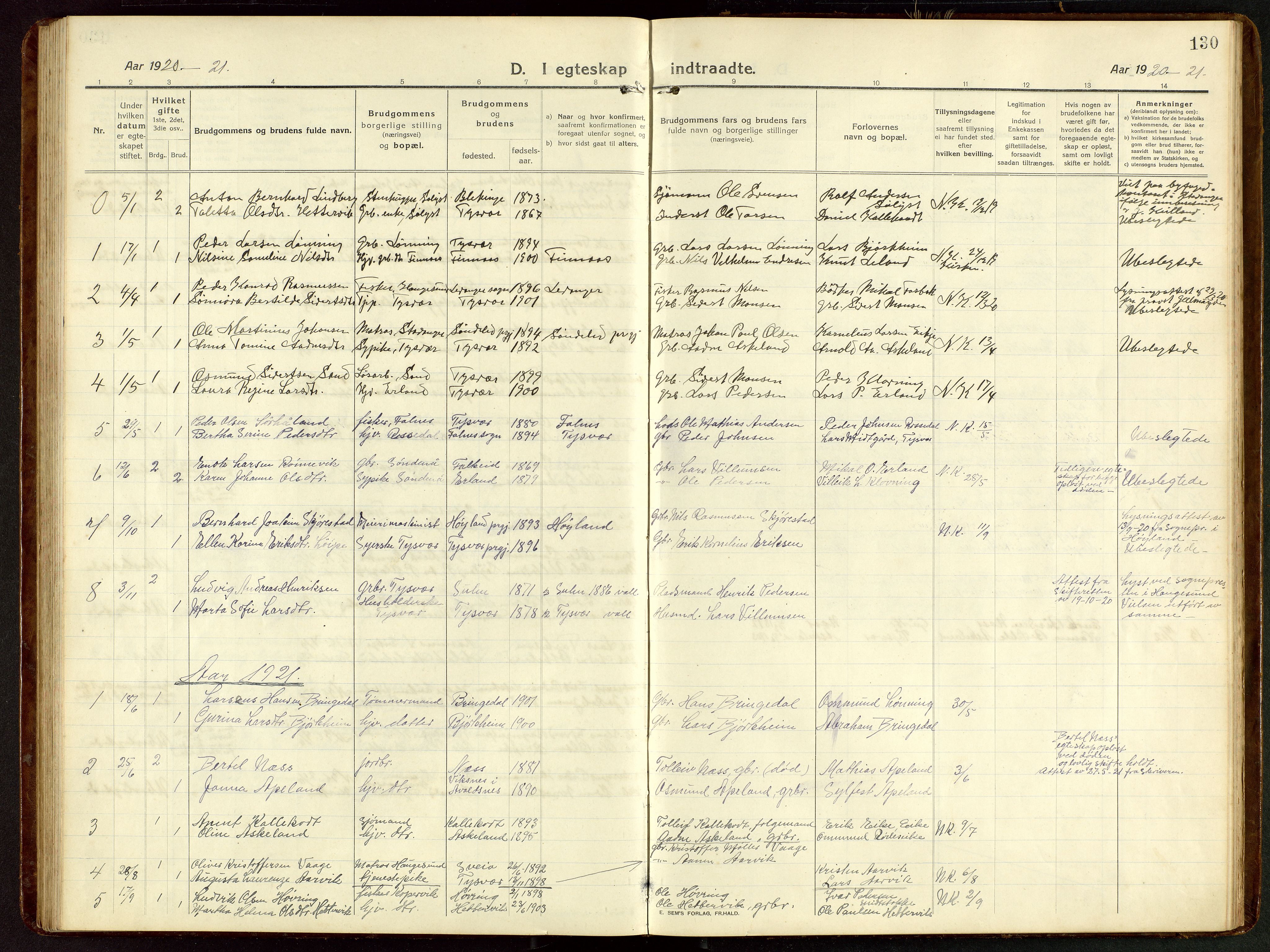 Tysvær sokneprestkontor, SAST/A -101864/H/Ha/Hab/L0011: Parish register (copy) no. B 11, 1913-1946, p. 130