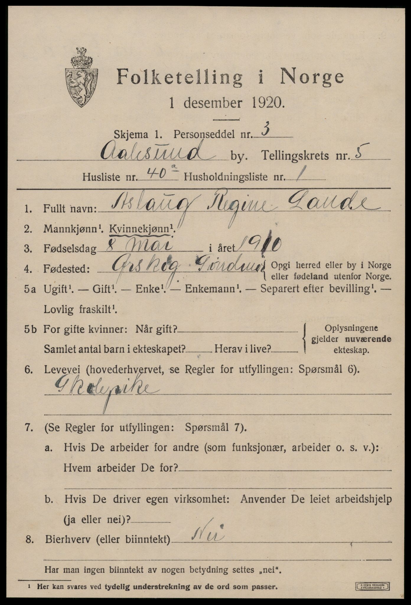 SAT, 1920 census for Ålesund, 1920, p. 17618