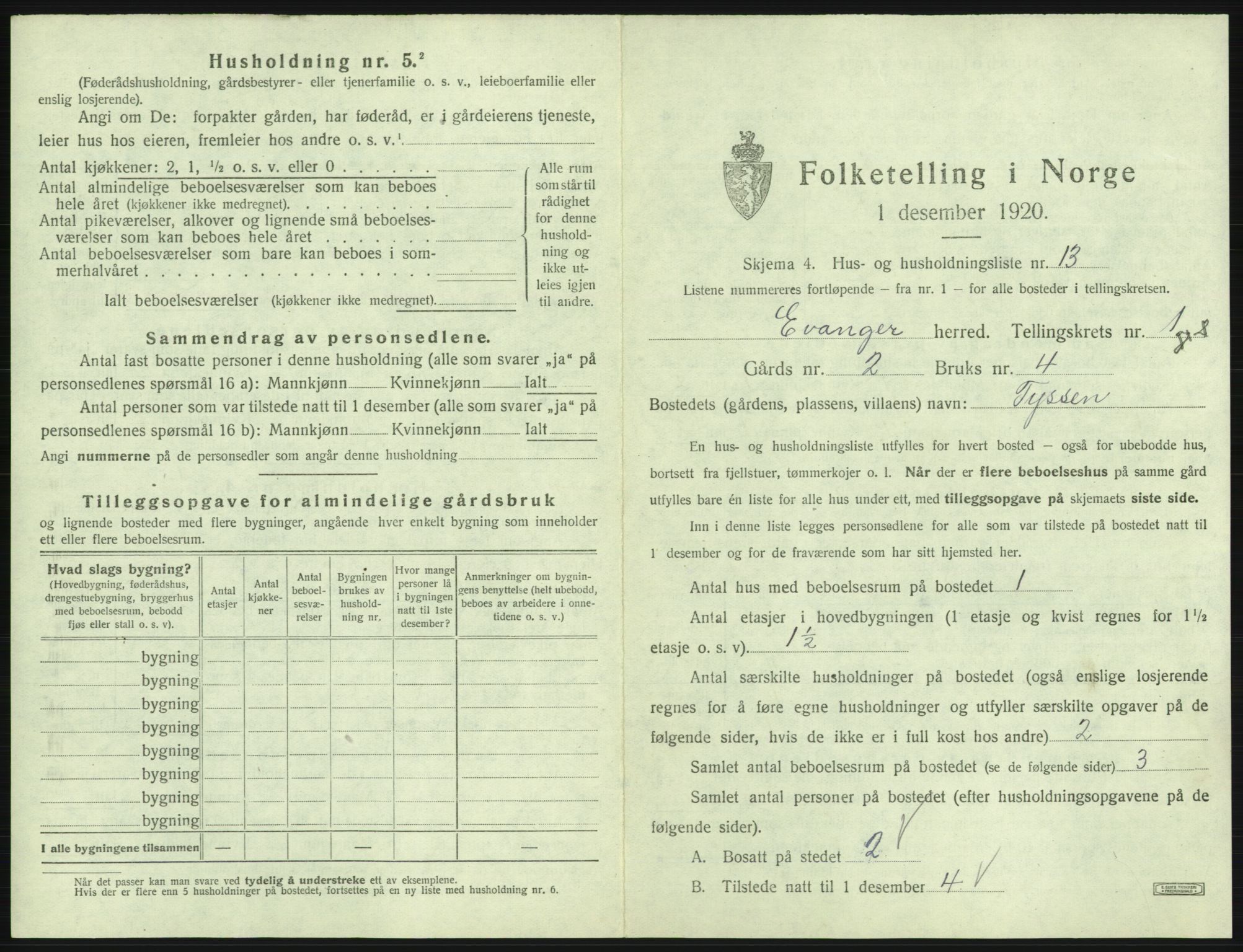 SAB, 1920 census for Evanger, 1920, p. 85