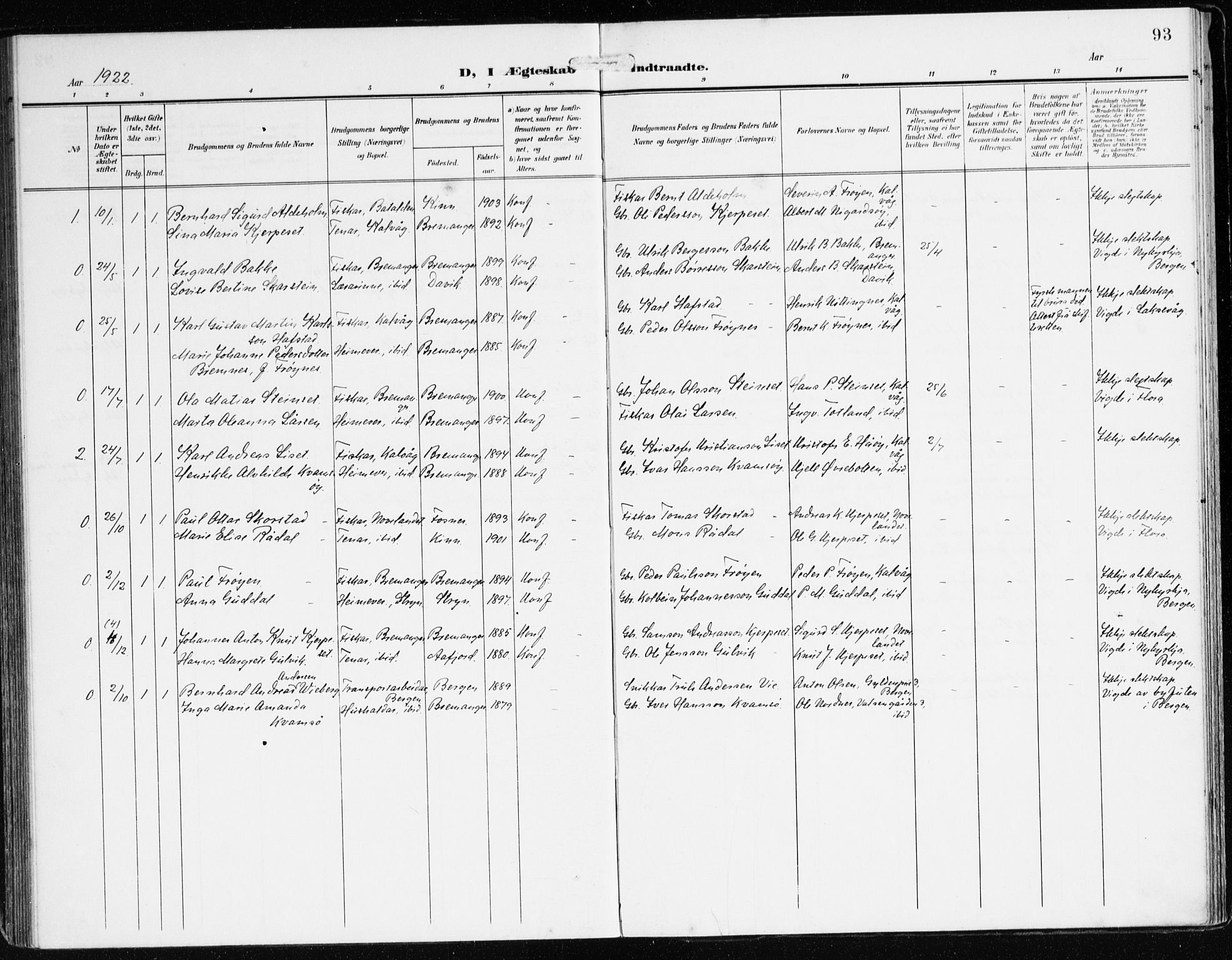 Bremanger sokneprestembete, AV/SAB-A-82201/H/Haa/Haab/L0003: Parish register (official) no. B 3, 1908-1925, p. 93