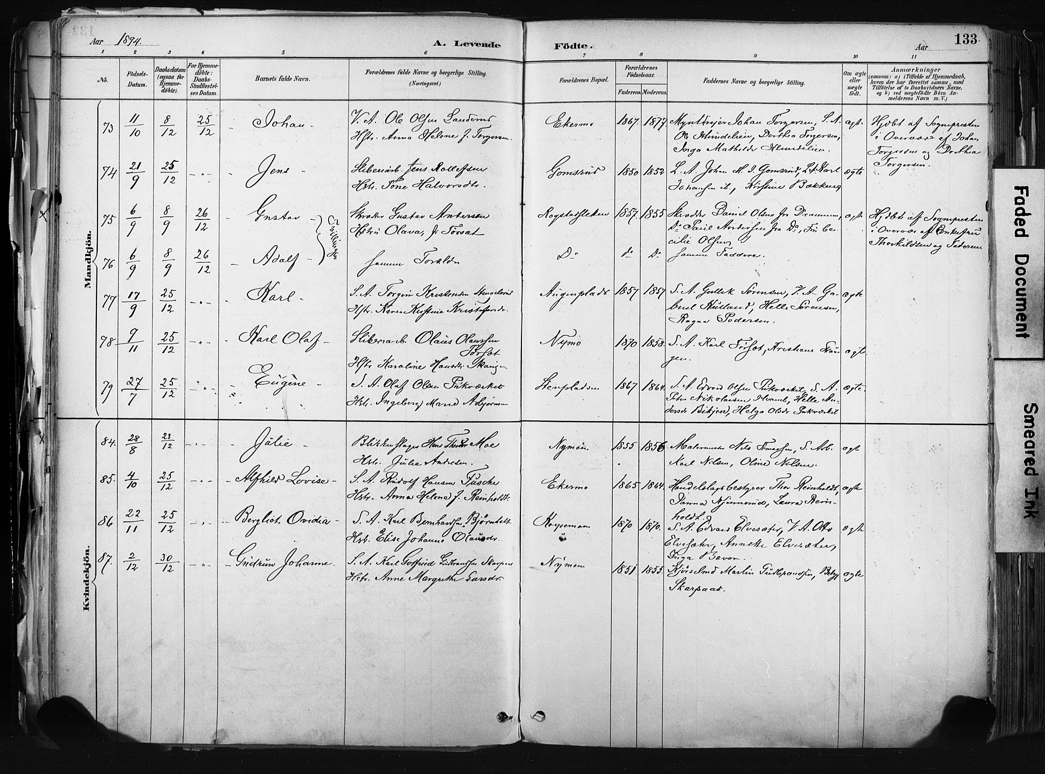 Kongsberg kirkebøker, AV/SAKO-A-22/F/Fb/L0002: Parish register (official) no. II 2, 1886-1896, p. 133