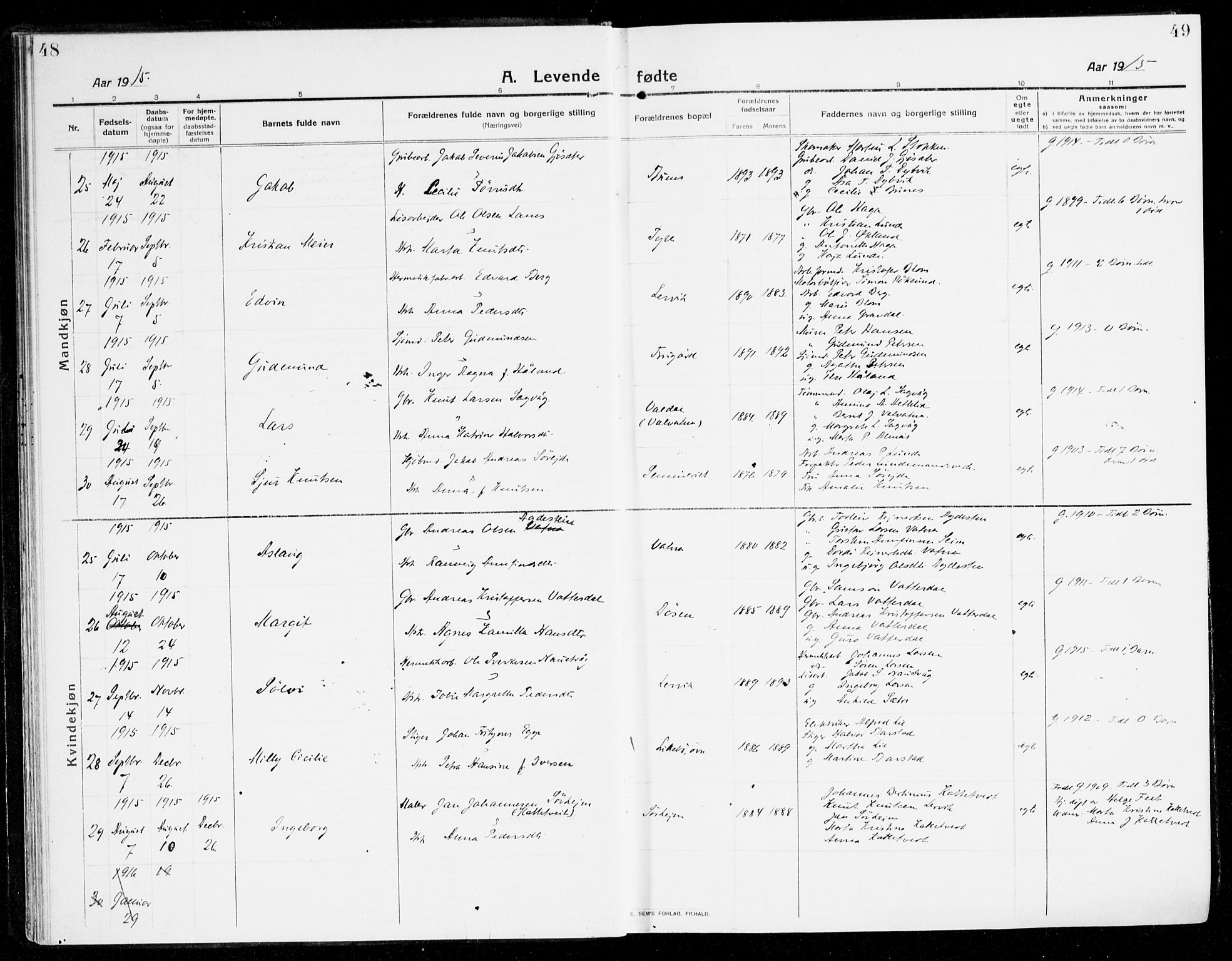 Stord sokneprestembete, AV/SAB-A-78201/H/Haa: Parish register (official) no. B 3, 1913-1925, p. 48-49