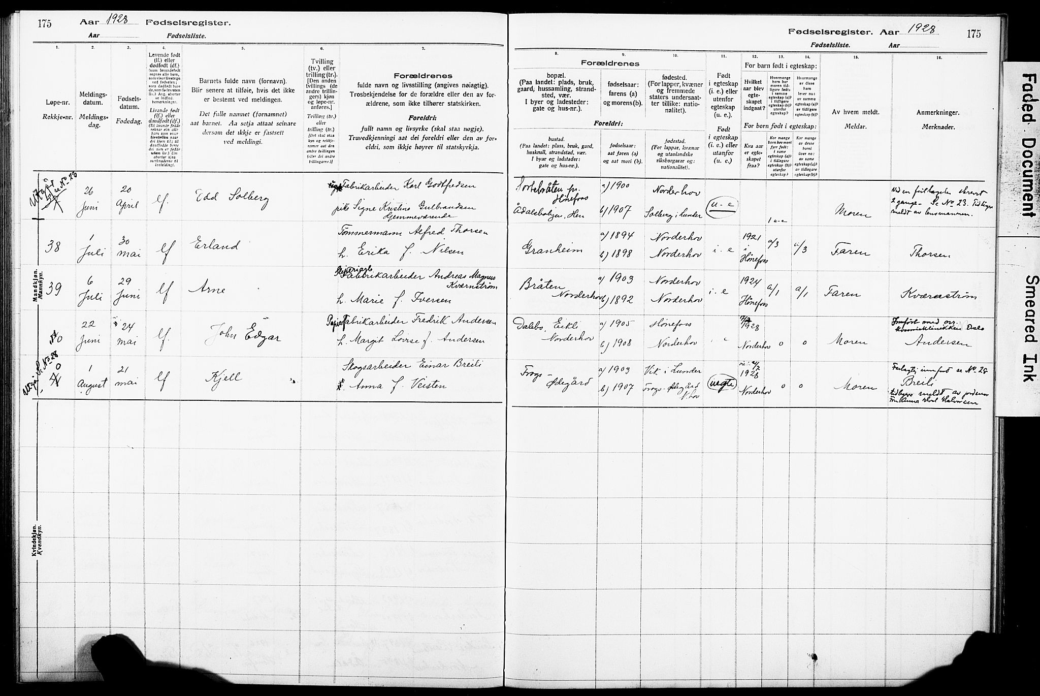 Norderhov kirkebøker, AV/SAKO-A-237/J/Ja/L0001: Birth register no. 1, 1916-1930, p. 175