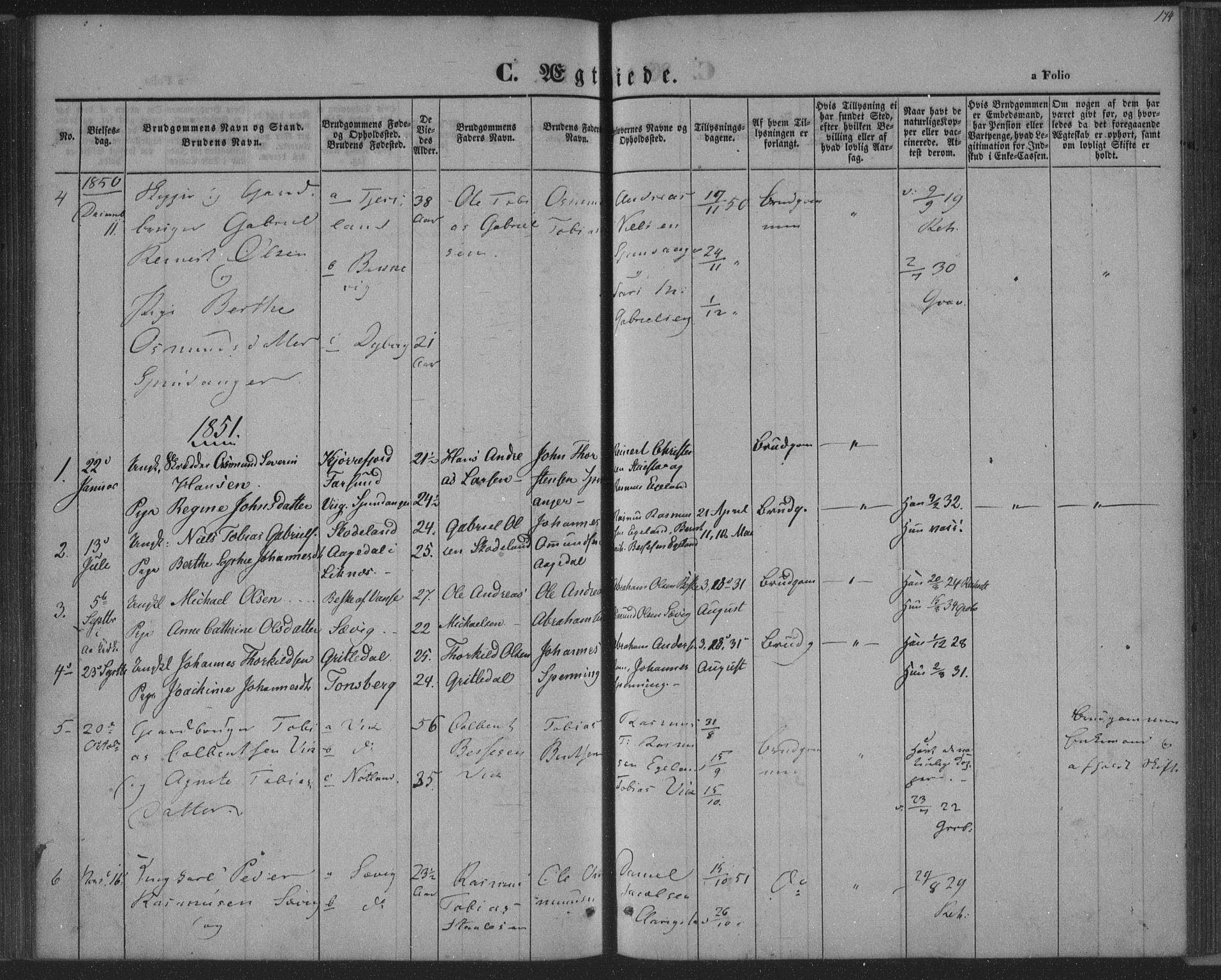 Herad sokneprestkontor, AV/SAK-1111-0018/F/Fa/Fab/L0003: Parish register (official) no. A 3, 1844-1853, p. 174