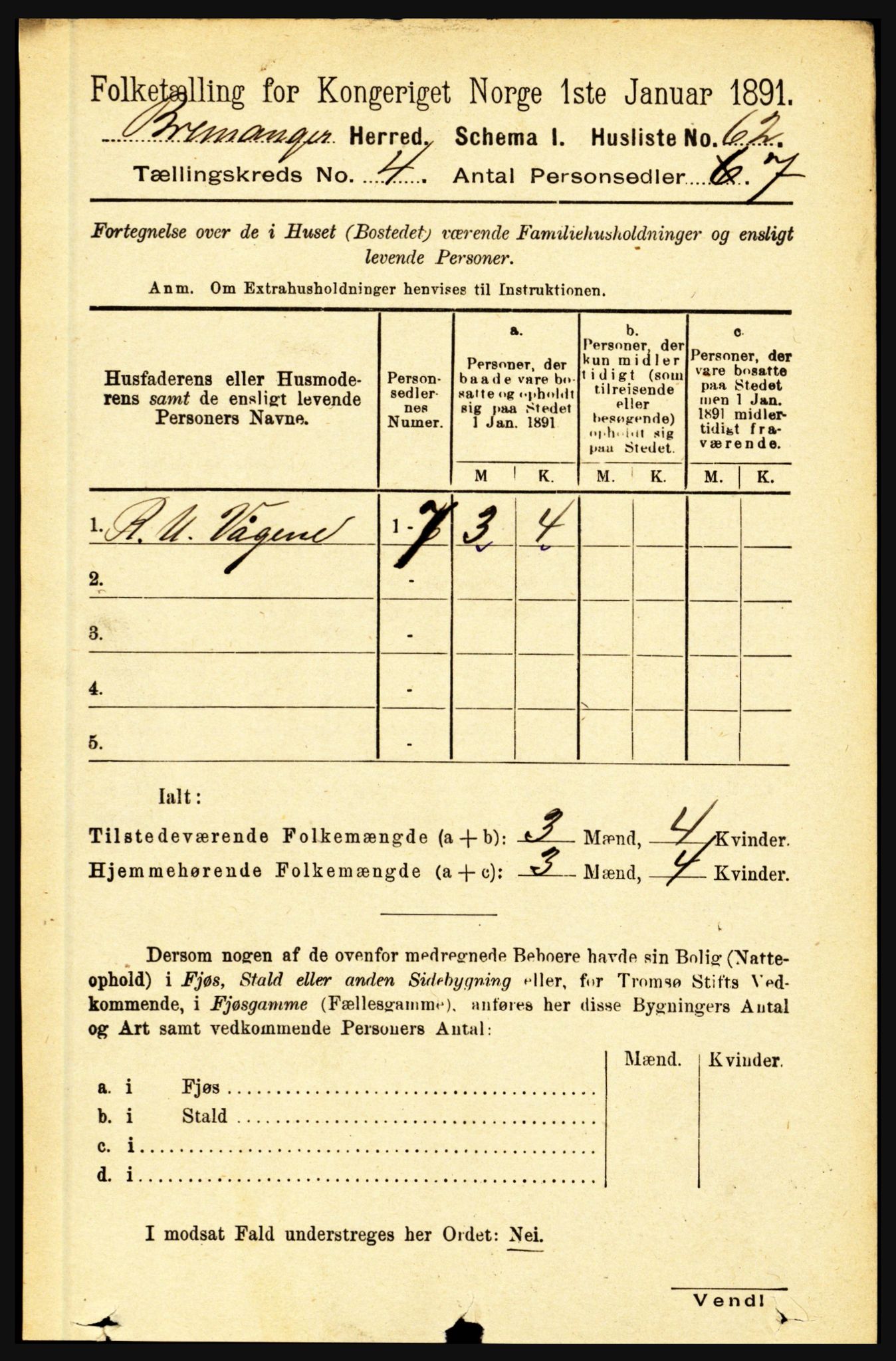 RA, 1891 census for 1438 Bremanger, 1891, p. 1508