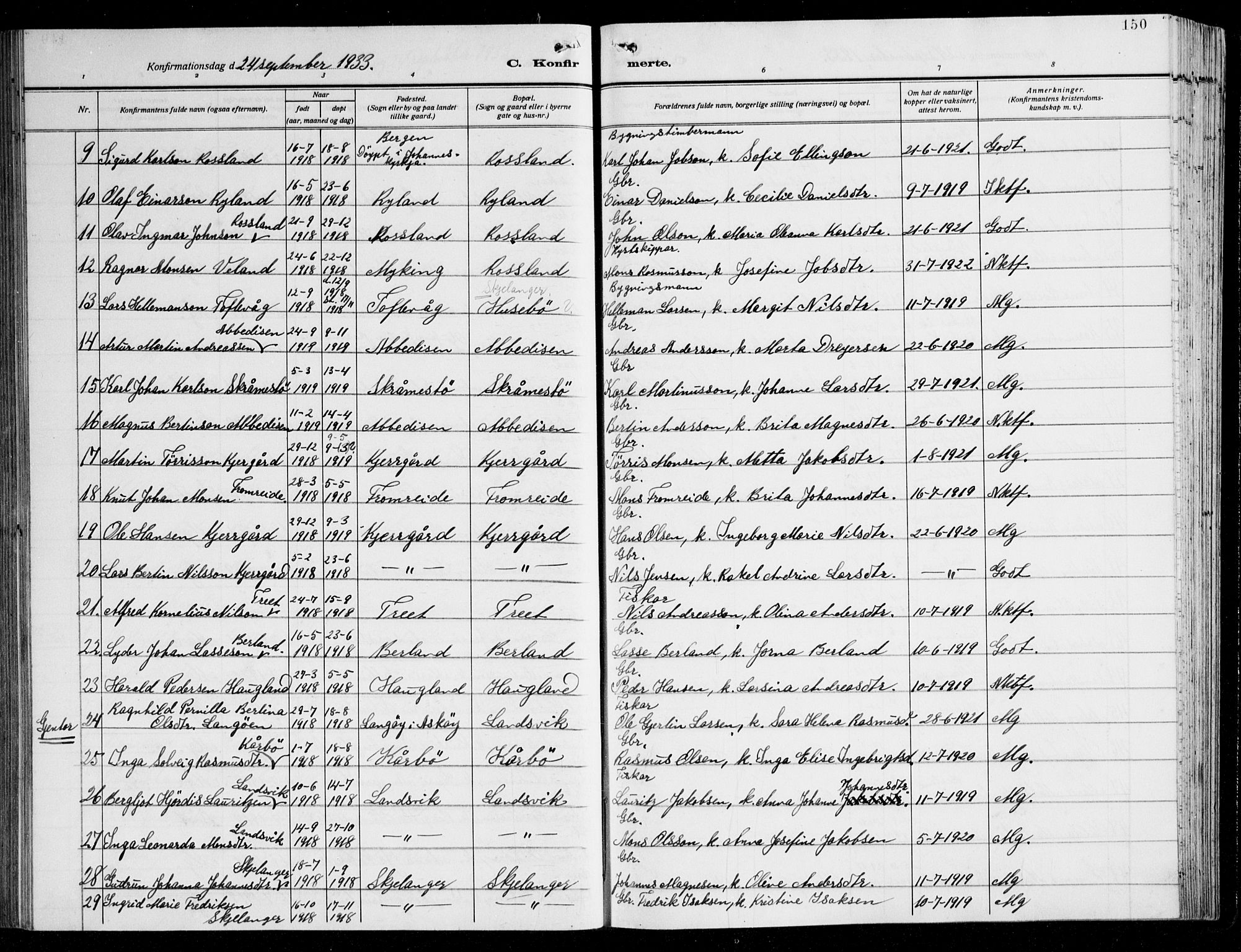 Herdla Sokneprestembete, AV/SAB-A-75701/H/Hab: Parish register (copy) no. C 3, 1926-1940, p. 150