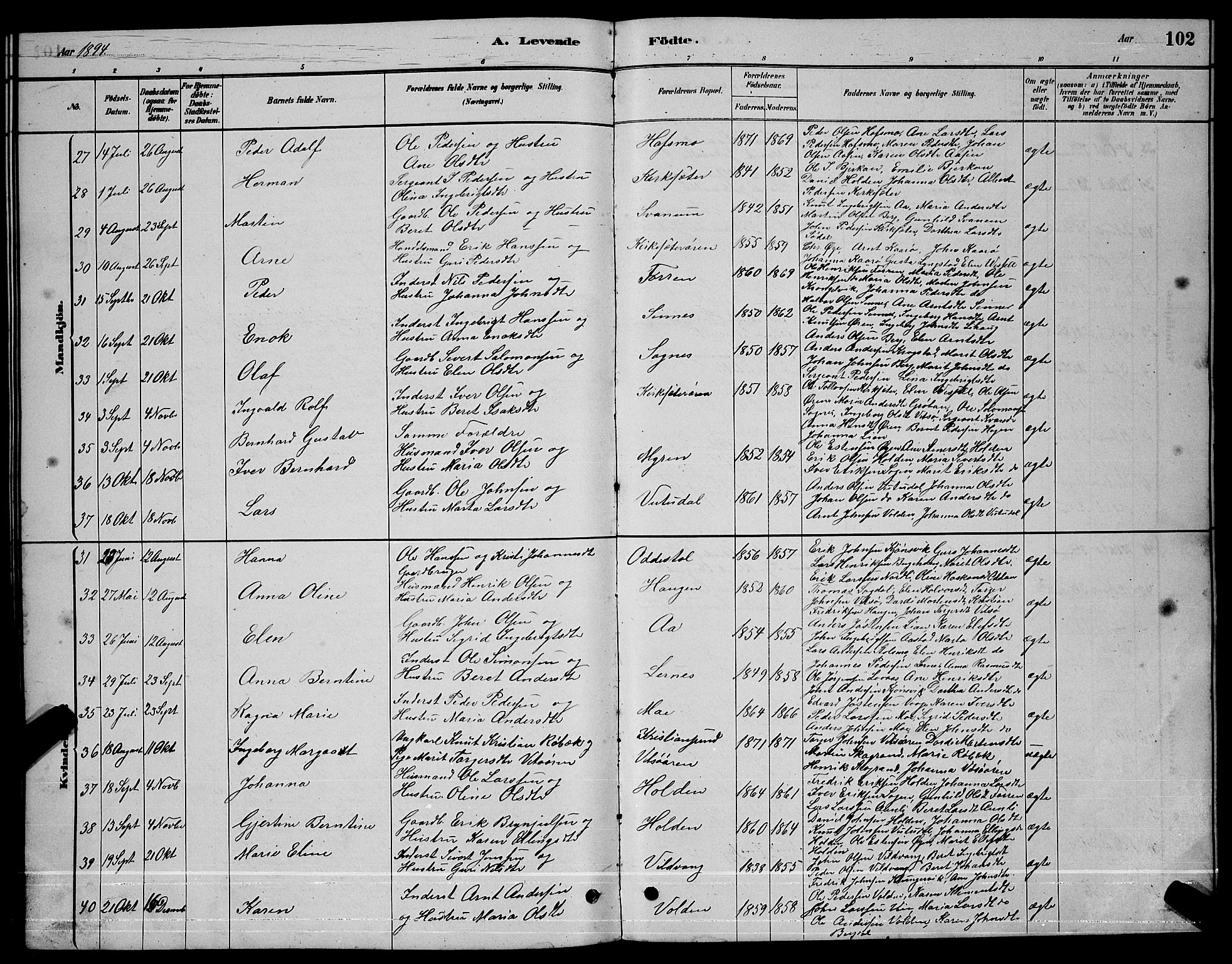 Ministerialprotokoller, klokkerbøker og fødselsregistre - Sør-Trøndelag, AV/SAT-A-1456/630/L0504: Parish register (copy) no. 630C02, 1879-1898, p. 102