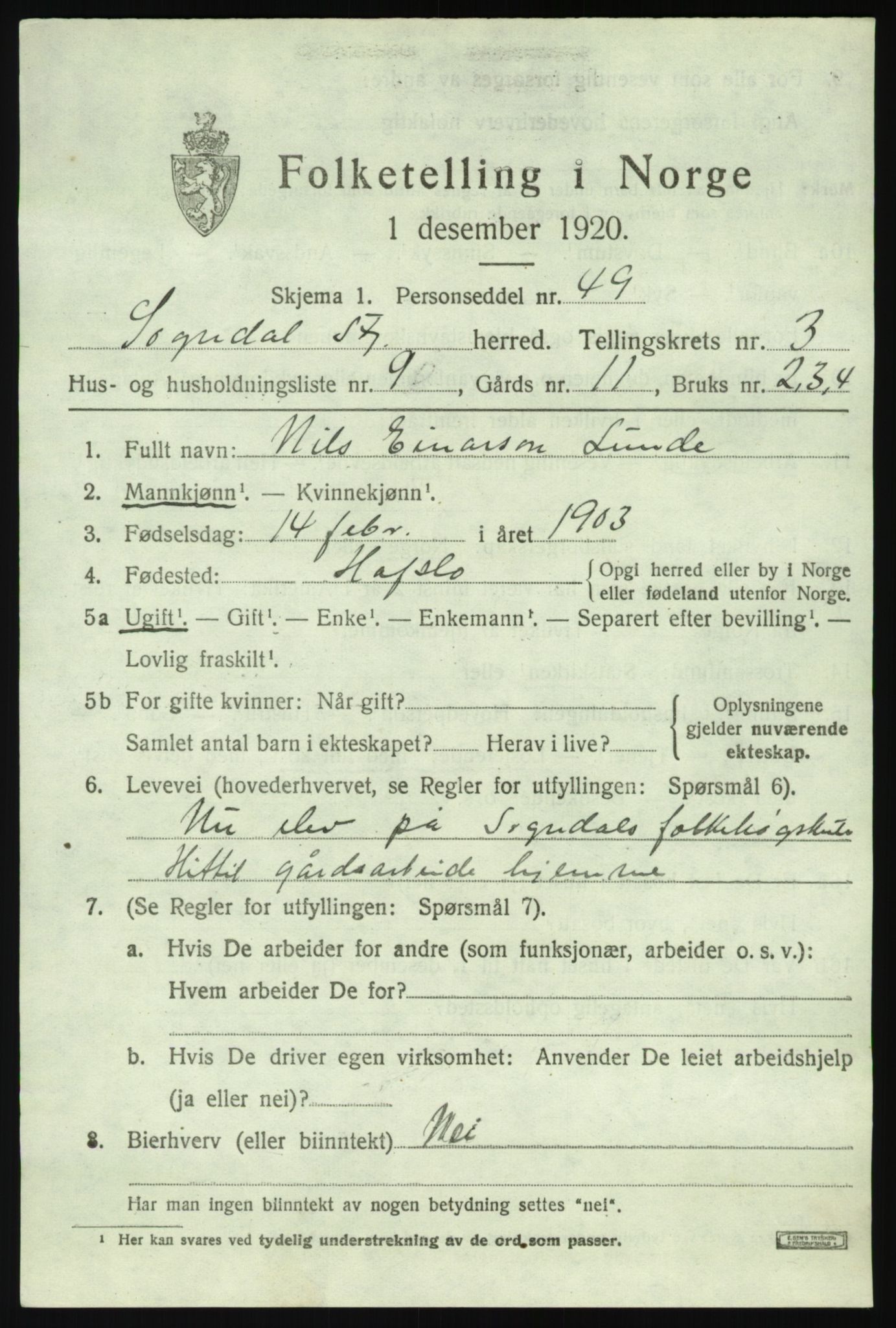 SAB, 1920 census for Sogndal, 1920, p. 2297