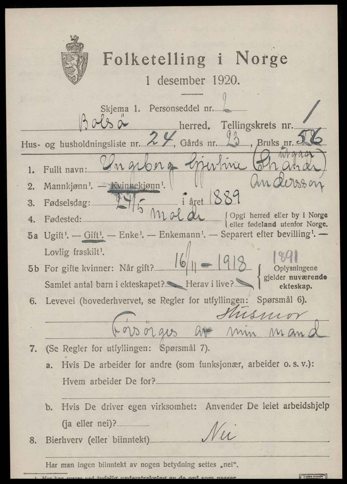 SAT, 1920 census for Bolsøy, 1920, p. 1883