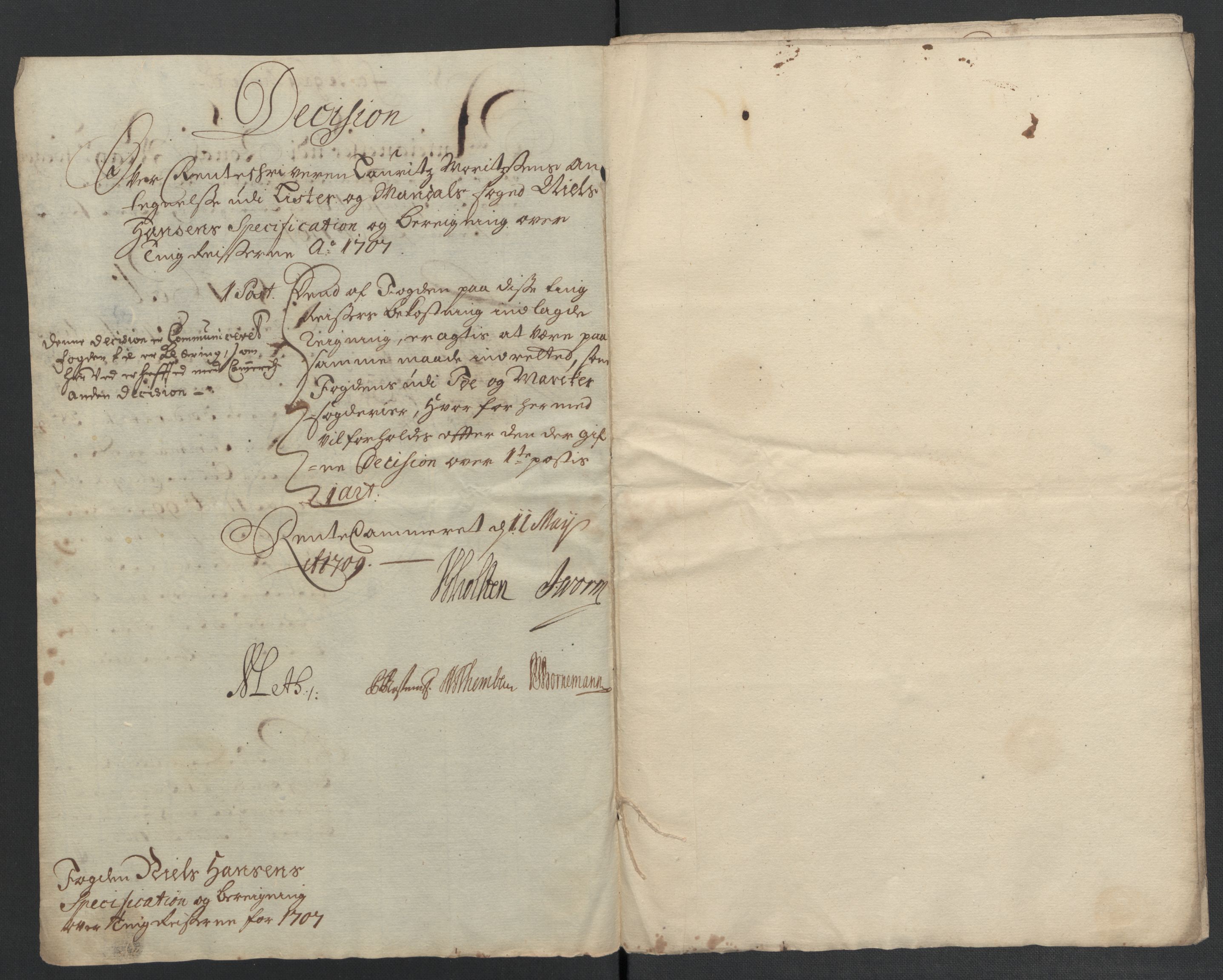 Rentekammeret inntil 1814, Reviderte regnskaper, Fogderegnskap, RA/EA-4092/R43/L2551: Fogderegnskap Lista og Mandal, 1705-1709, p. 574