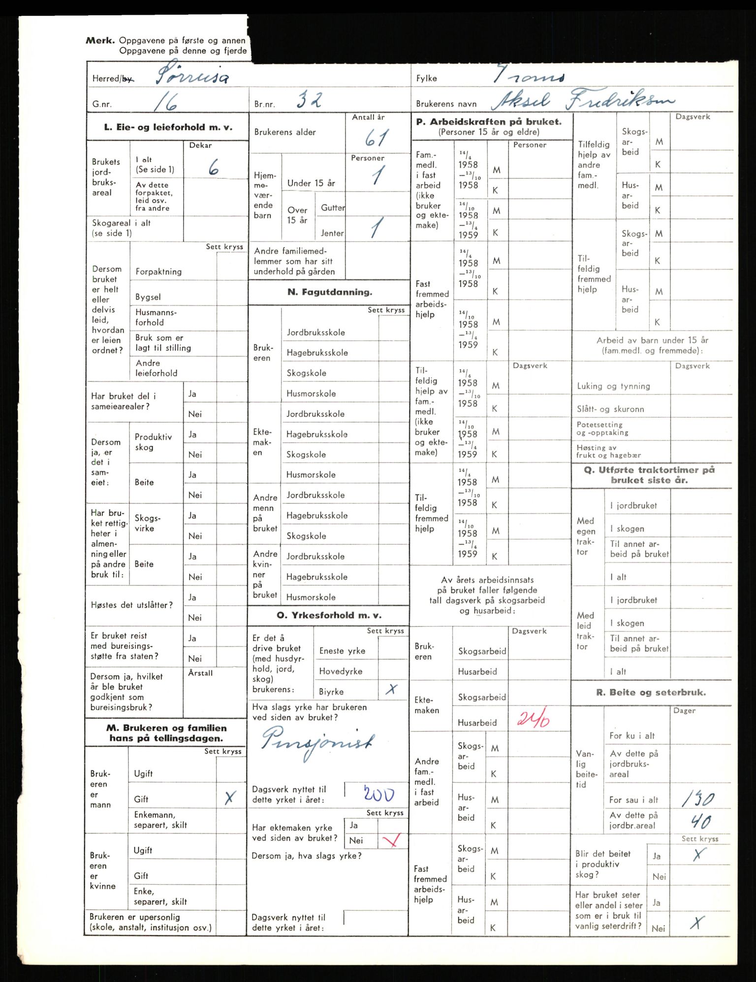 Statistisk sentralbyrå, Næringsøkonomiske emner, Jordbruk, skogbruk, jakt, fiske og fangst, AV/RA-S-2234/G/Gd/L0656: Troms: 1924 Målselv (kl. 0-3) og 1925 Sørreisa, 1959, p. 1381