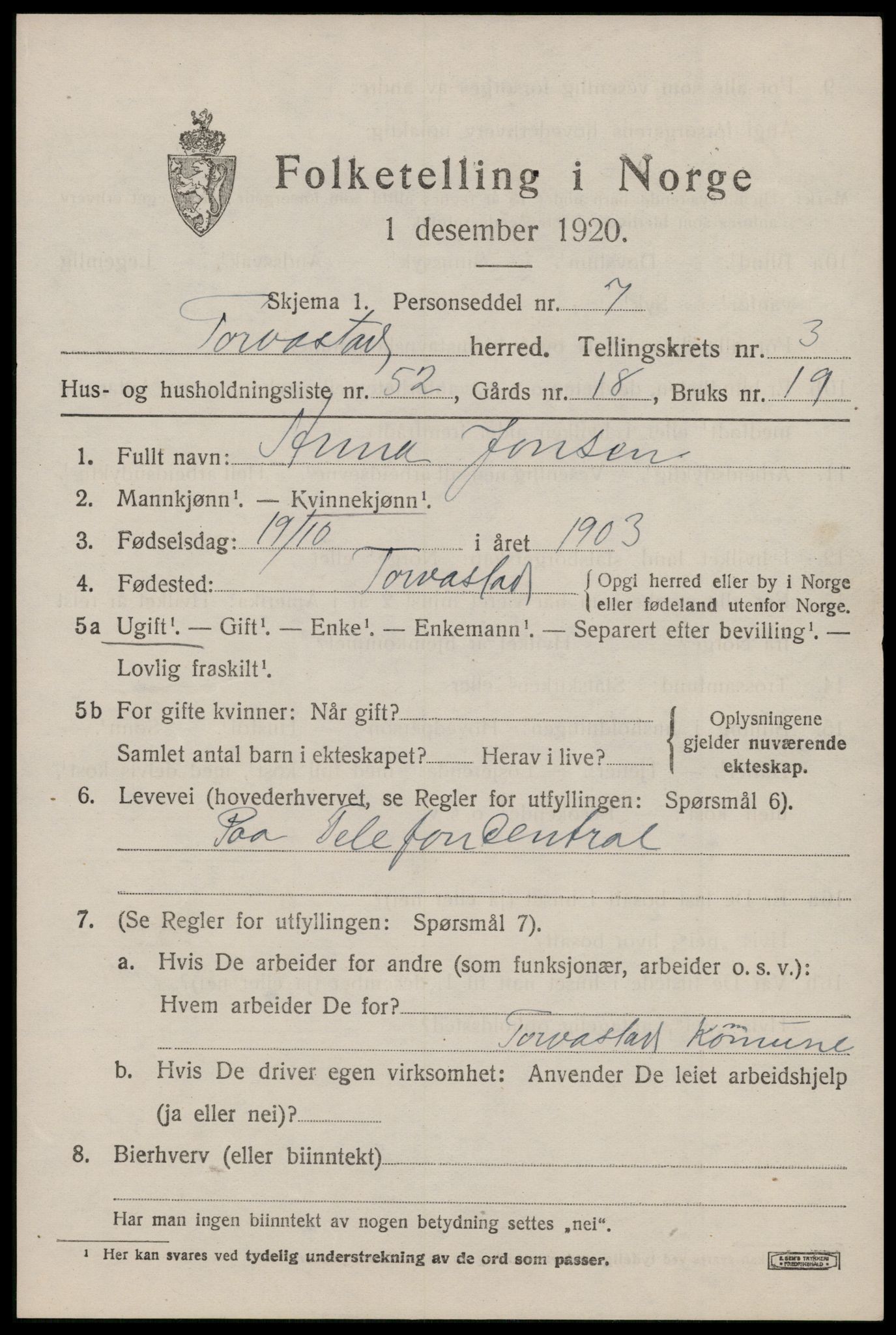 SAST, 1920 census for Torvastad, 1920, p. 3518
