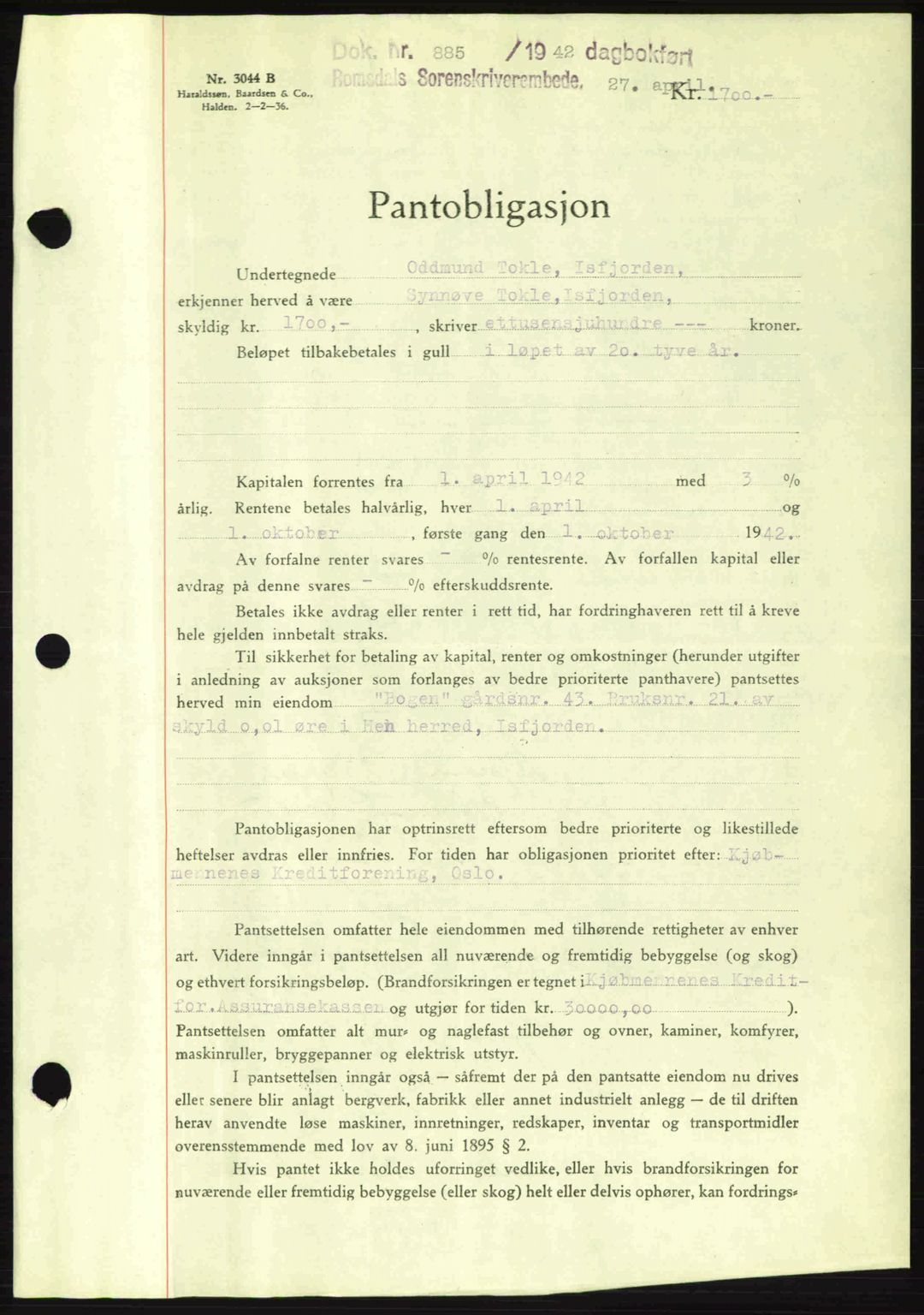 Romsdal sorenskriveri, AV/SAT-A-4149/1/2/2C: Mortgage book no. B2, 1939-1945, Diary no: : 885/1942