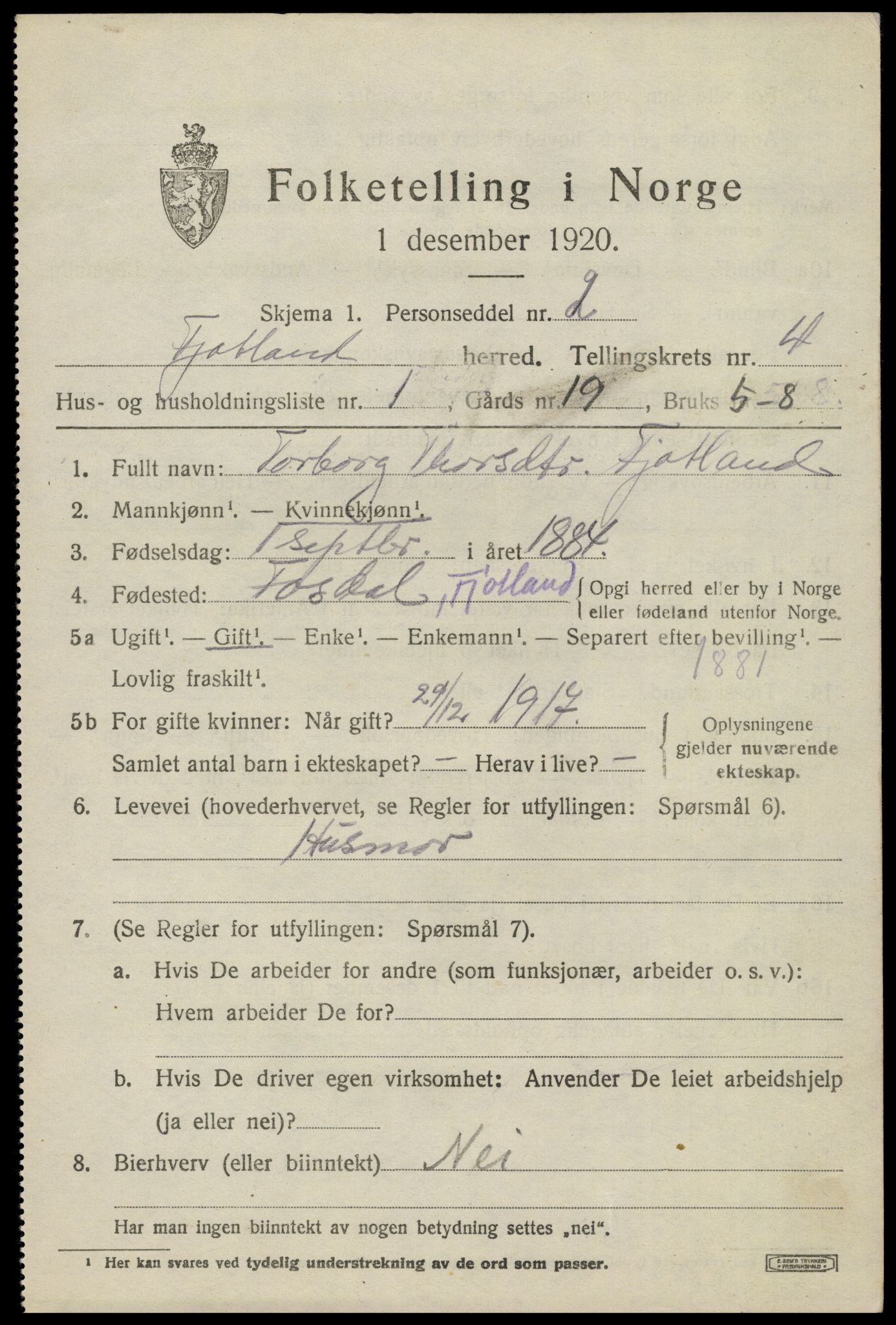 SAK, 1920 census for Fjotland, 1920, p. 1192