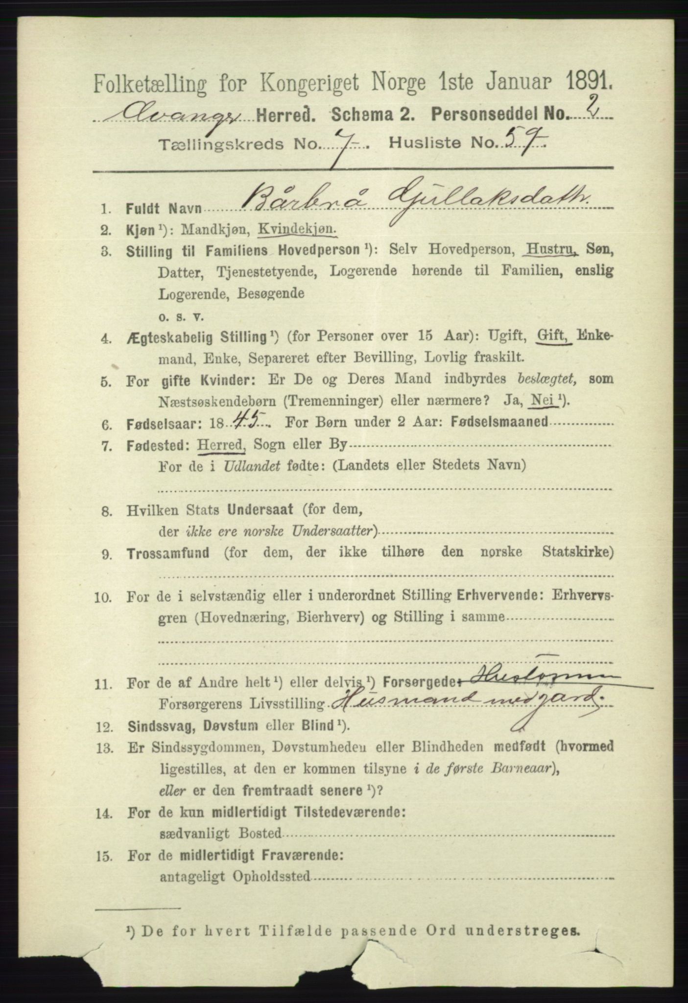 RA, 1891 census for 1237 Evanger, 1891, p. 2243