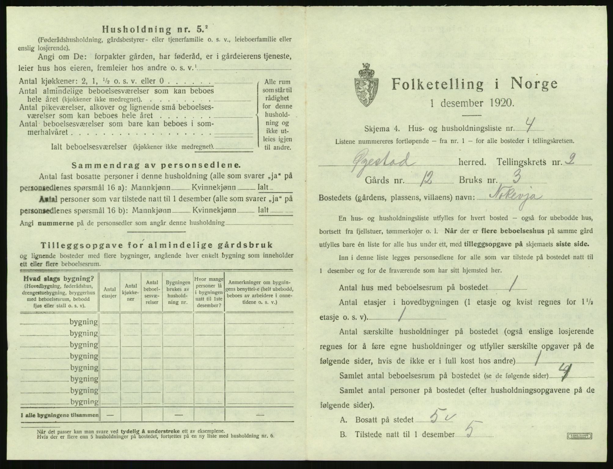 SAK, 1920 census for Øyestad, 1920, p. 142