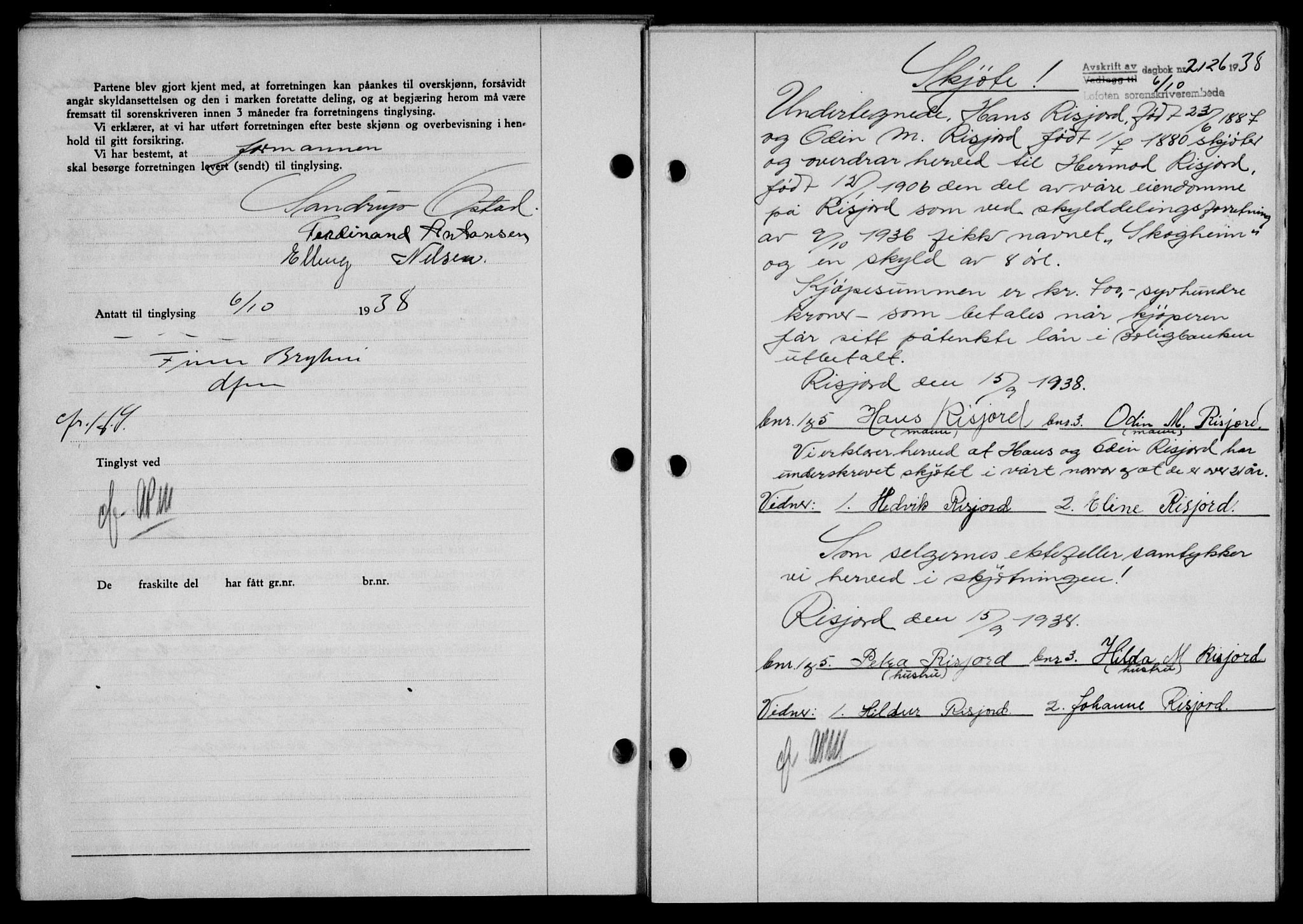 Lofoten sorenskriveri, SAT/A-0017/1/2/2C/L0004a: Mortgage book no. 4a, 1938-1938, Diary no: : 2126/1938