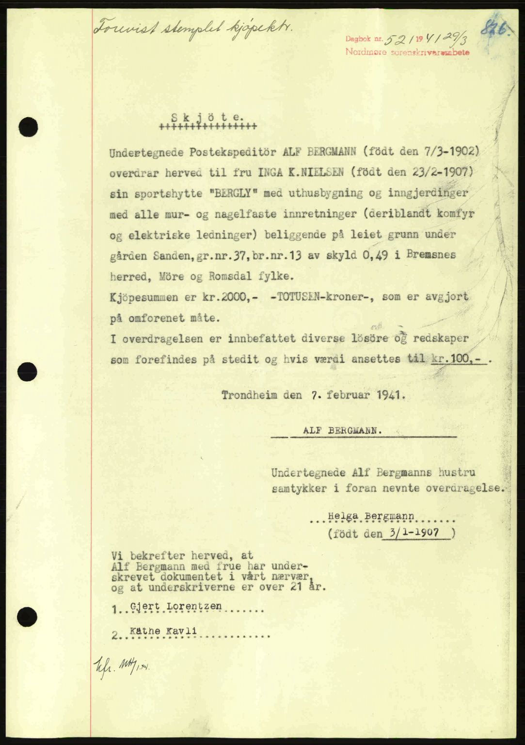 Nordmøre sorenskriveri, SAT/A-4132/1/2/2Ca: Mortgage book no. A89, 1940-1941, Diary no: : 521/1941