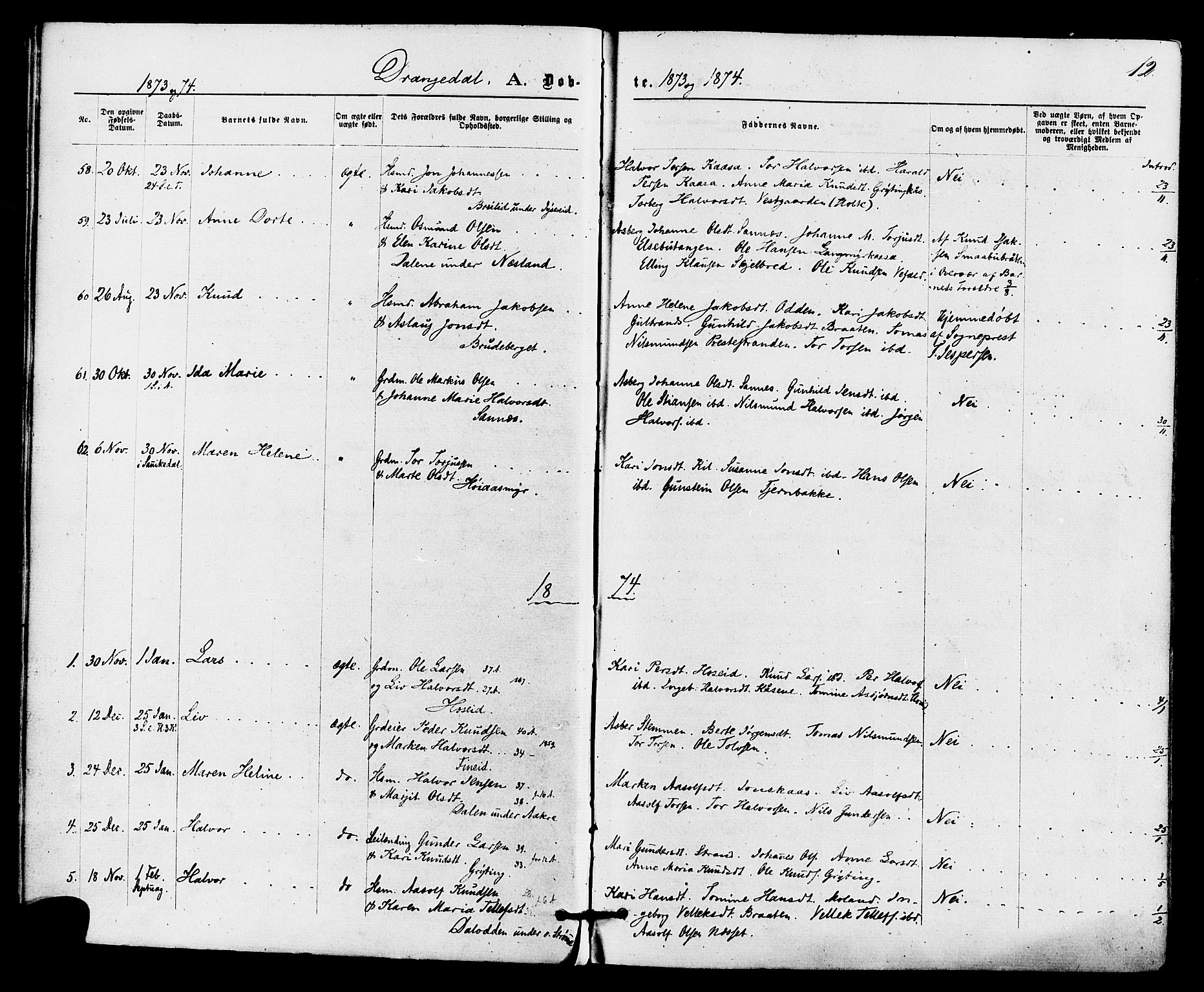 Drangedal kirkebøker, SAKO/A-258/F/Fa/L0009: Parish register (official) no. 9 /1, 1872-1884, p. 12