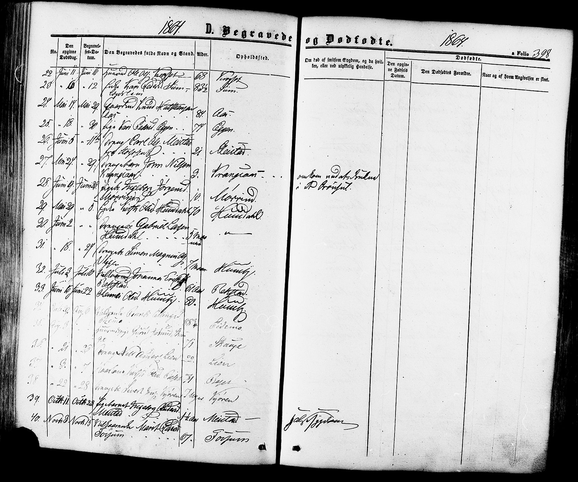 Ministerialprotokoller, klokkerbøker og fødselsregistre - Sør-Trøndelag, SAT/A-1456/665/L0772: Parish register (official) no. 665A07, 1856-1878, p. 398