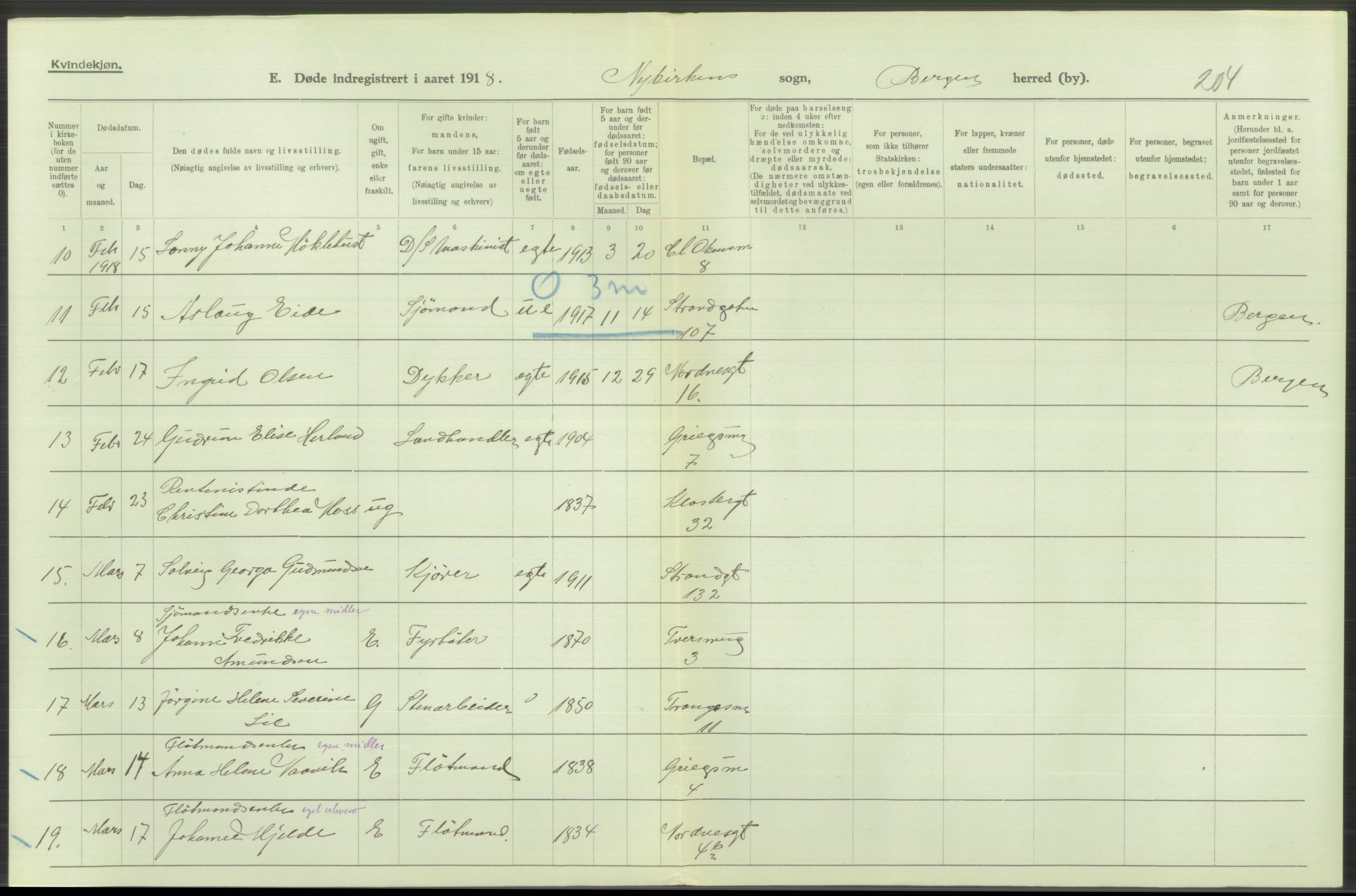 Statistisk sentralbyrå, Sosiodemografiske emner, Befolkning, RA/S-2228/D/Df/Dfb/Dfbh/L0039: Bergen: Døde., 1918, p. 310